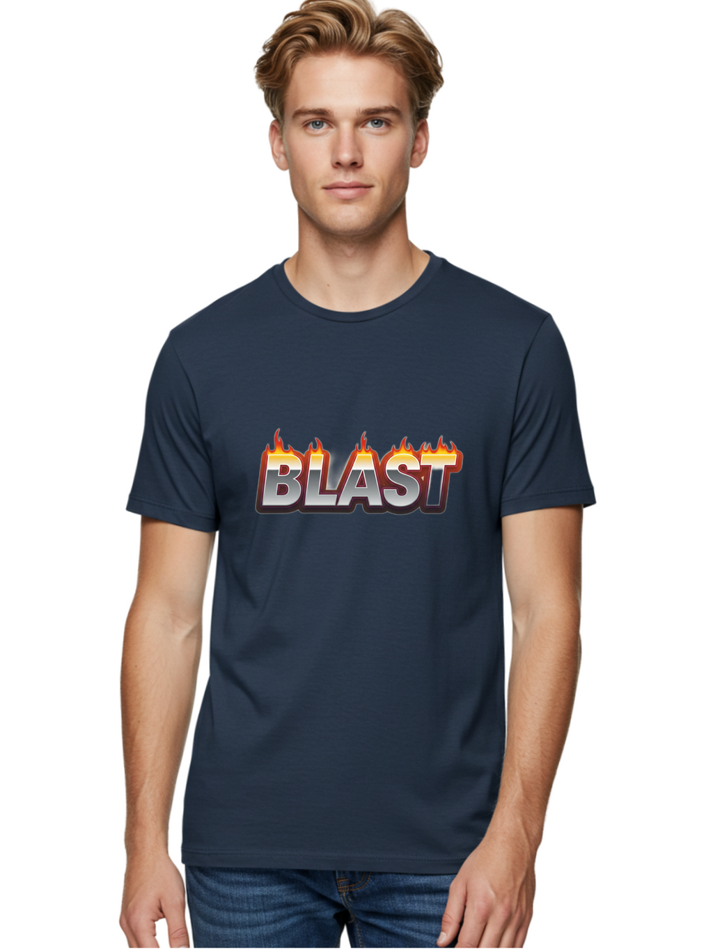 Blast Men'S Graphic Tee, 100% Cotton, Comfortable Casual Summer Wear, Machine Washable, Blast Text, Fire Flames, Bold Font, Silver Metallic, Red And Orange Hues, Intense Energy, Fiery Effect, Dramatic Typography, Explosive Design, Baa167