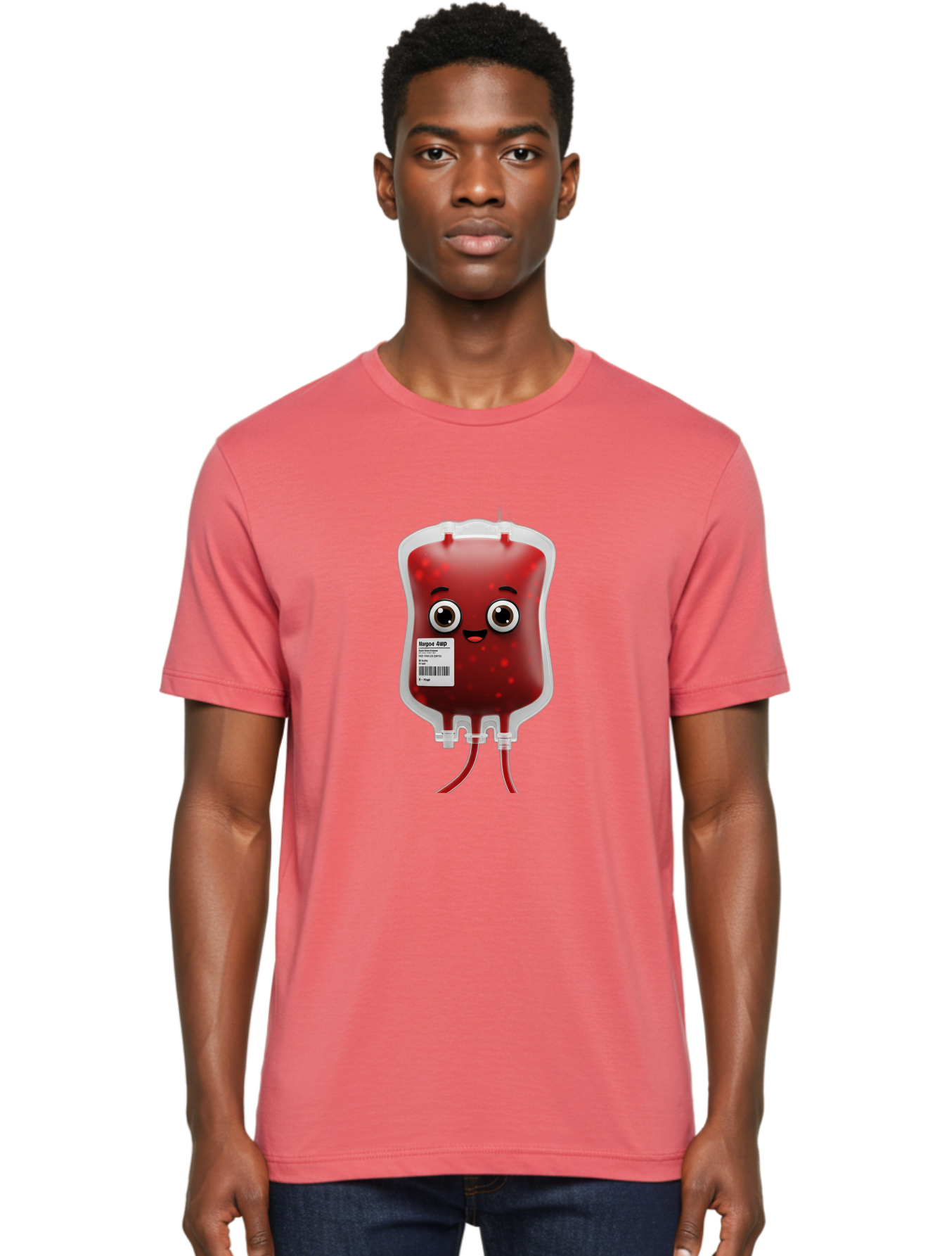 Blood-Bag Men'S Graphic Tee, 100% Cotton, Comfortable Casual Summer Wear, Machine Washable, Blood Bag With Face, Cartoon Character, Red Liquid, Medical Supply, Barcode Label, Iv Drip, Healthcare, Donation, Transfusion Baa169