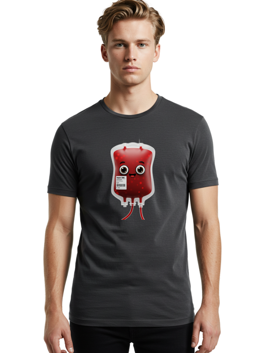 Blood-Bag Men'S Graphic Tee, 100% Cotton, Comfortable Casual Summer Wear, Machine Washable, Blood Bag With Face, Cartoon Character, Red Liquid, Medical Supply, Barcode Label, Iv Drip, Healthcare, Donation, Transfusion Baa169