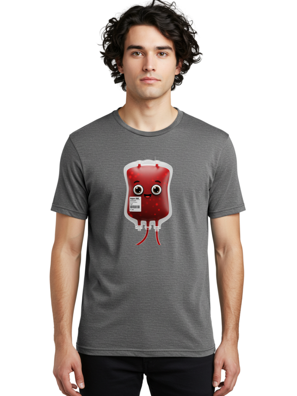 Blood-Bag Men'S Graphic Tee, 100% Cotton, Comfortable Casual Summer Wear, Machine Washable, Blood Bag With Face, Cartoon Character, Red Liquid, Medical Supply, Barcode Label, Iv Drip, Healthcare, Donation, Transfusion Baa169