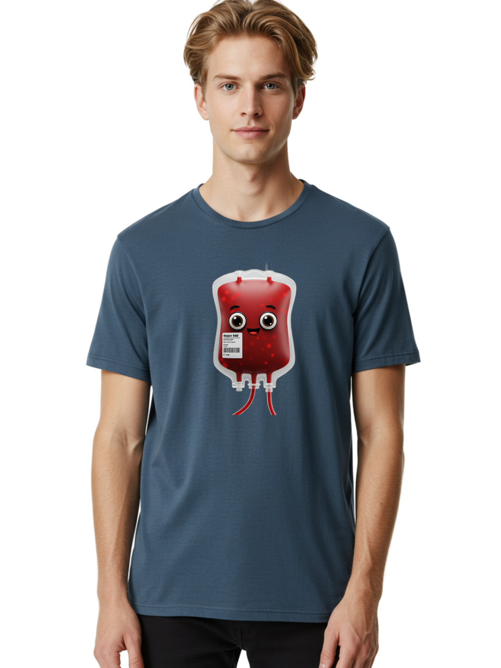 Blood-Bag Men'S Graphic Tee, 100% Cotton, Comfortable Casual Summer Wear, Machine Washable, Blood Bag With Face, Cartoon Character, Red Liquid, Medical Supply, Barcode Label, Iv Drip, Healthcare, Donation, Transfusion Baa169