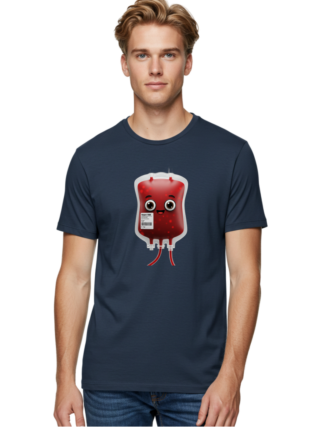 Blood-Bag Men'S Graphic Tee, 100% Cotton, Comfortable Casual Summer Wear, Machine Washable, Blood Bag With Face, Cartoon Character, Red Liquid, Medical Supply, Barcode Label, Iv Drip, Healthcare, Donation, Transfusion Baa169