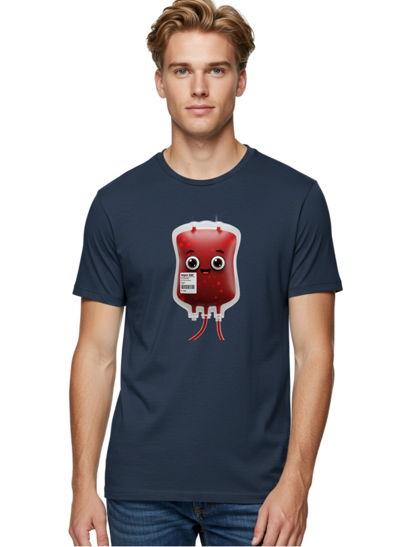 Blood-Bag Men'S Graphic Tee, 100% Cotton, Comfortable Casual Summer Wear, Machine Washable, Blood Bag With Face, Cartoon Character, Red Liquid, Medical Supply, Barcode Label, Iv Drip, Healthcare, Donation, Transfusion Baa169