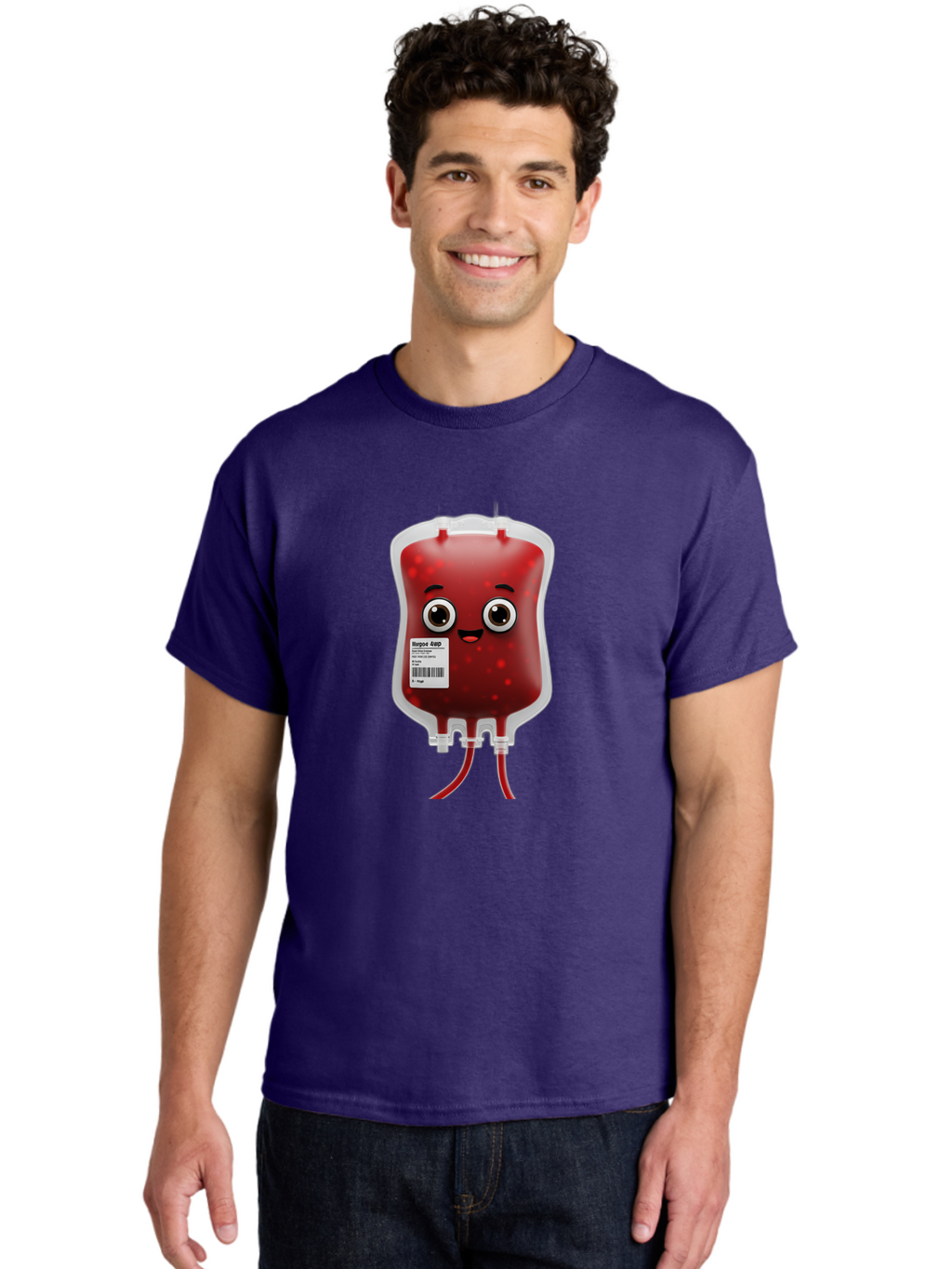 Blood-Bag Men'S Graphic Tee, 100% Cotton, Comfortable Casual Summer Wear, Machine Washable, Blood Bag With Face, Cartoon Character, Red Liquid, Medical Supply, Barcode Label, Iv Drip, Healthcare, Donation, Transfusion Baa169