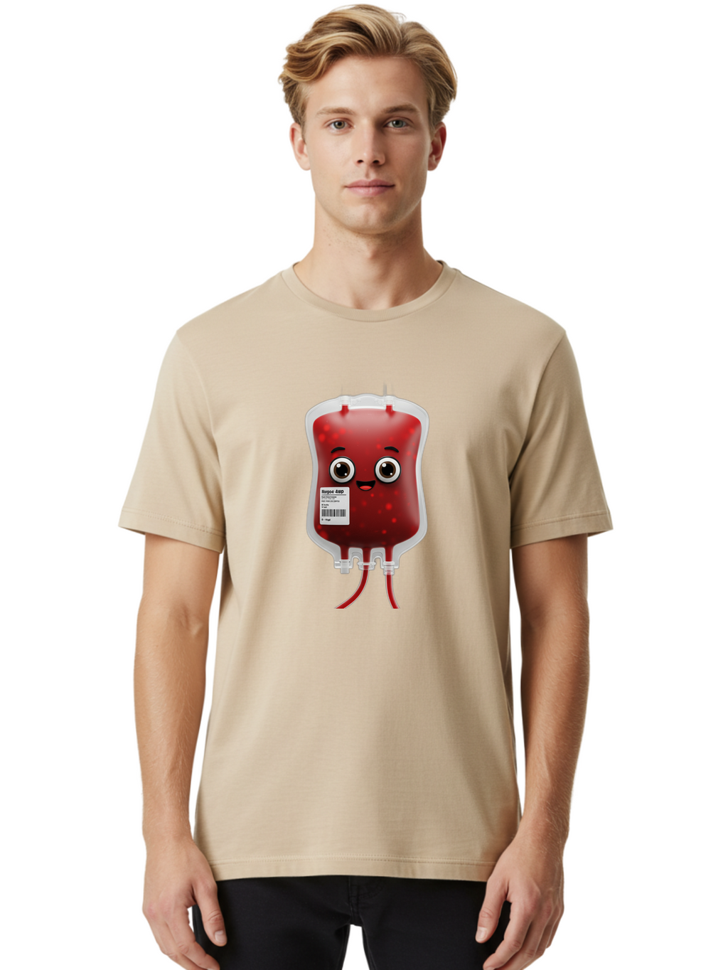 Blood-Bag Men'S Graphic Tee, 100% Cotton, Comfortable Casual Summer Wear, Machine Washable, Blood Bag With Face, Cartoon Character, Red Liquid, Medical Supply, Barcode Label, Iv Drip, Healthcare, Donation, Transfusion Baa169