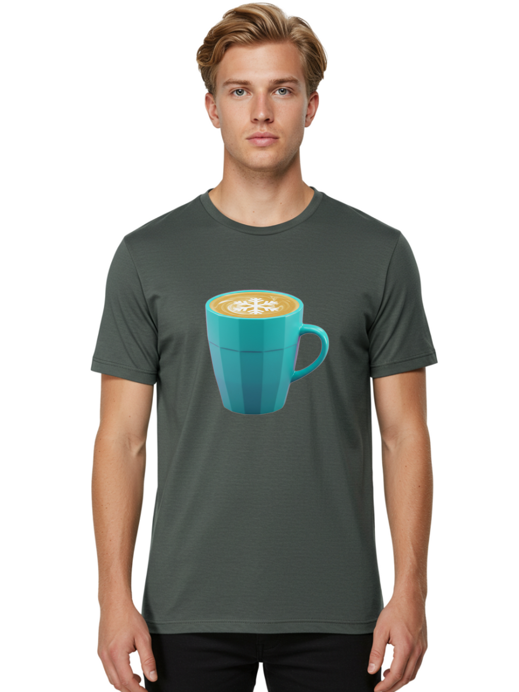Blue-Coffee-Mug Men'S Graphic Tee, 100% Cotton, Comfortable Casual Summer Wear, Machine Washable, Coffee Cup, Blue Mug, Latte Art, Snowflake Design, Coffee Drink, Morning Coffee, Caffeine Boost, Beverage, Coffee Culture, Winter Theme Baa170