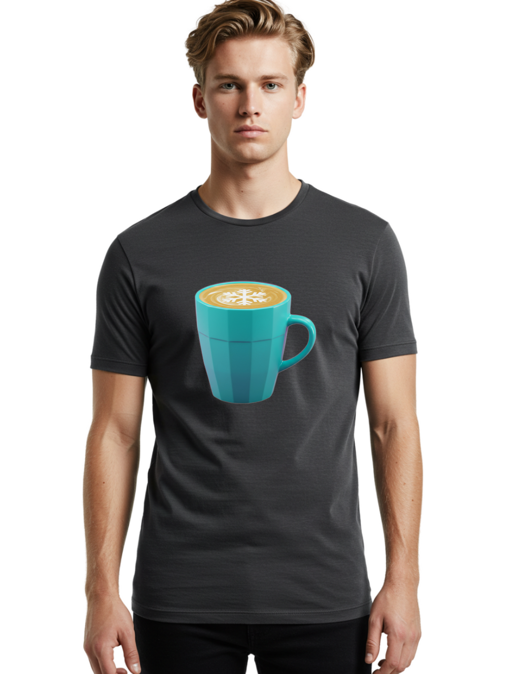 Blue-Coffee-Mug Men'S Graphic Tee, 100% Cotton, Comfortable Casual Summer Wear, Machine Washable, Coffee Cup, Blue Mug, Latte Art, Snowflake Design, Coffee Drink, Morning Coffee, Caffeine Boost, Beverage, Coffee Culture, Winter Theme Baa170