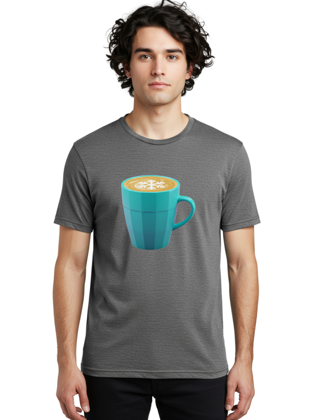 Blue-Coffee-Mug Men'S Graphic Tee, 100% Cotton, Comfortable Casual Summer Wear, Machine Washable, Coffee Cup, Blue Mug, Latte Art, Snowflake Design, Coffee Drink, Morning Coffee, Caffeine Boost, Beverage, Coffee Culture, Winter Theme Baa170