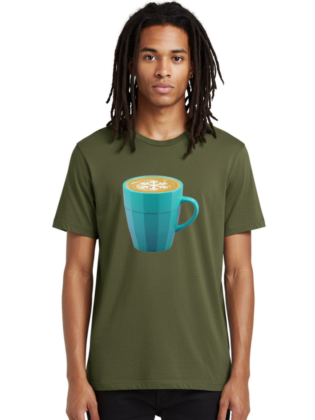 Blue-Coffee-Mug Men'S Graphic Tee, 100% Cotton, Comfortable Casual Summer Wear, Machine Washable, Coffee Cup, Blue Mug, Latte Art, Snowflake Design, Coffee Drink, Morning Coffee, Caffeine Boost, Beverage, Coffee Culture, Winter Theme Baa170