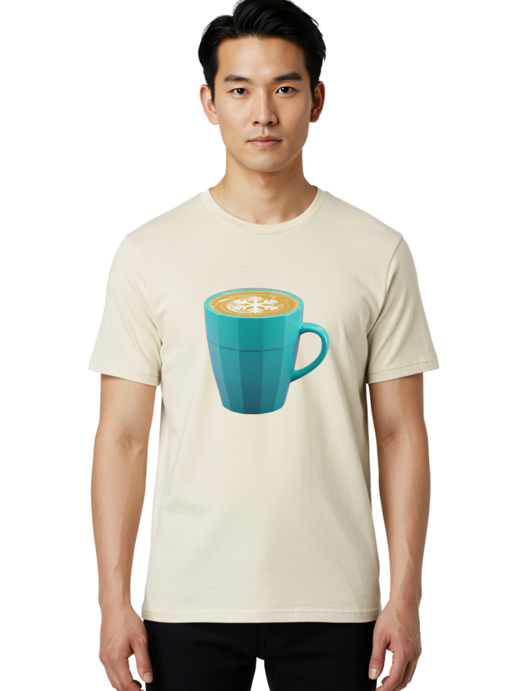Blue-Coffee-Mug Men'S Graphic Tee, 100% Cotton, Comfortable Casual Summer Wear, Machine Washable, Coffee Cup, Blue Mug, Latte Art, Snowflake Design, Coffee Drink, Morning Coffee, Caffeine Boost, Beverage, Coffee Culture, Winter Theme Baa170