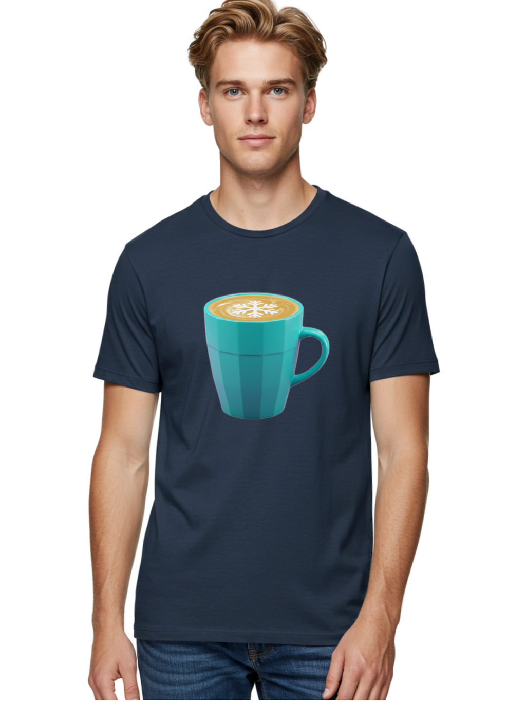 Blue-Coffee-Mug Men'S Graphic Tee, 100% Cotton, Comfortable Casual Summer Wear, Machine Washable, Coffee Cup, Blue Mug, Latte Art, Snowflake Design, Coffee Drink, Morning Coffee, Caffeine Boost, Beverage, Coffee Culture, Winter Theme Baa170