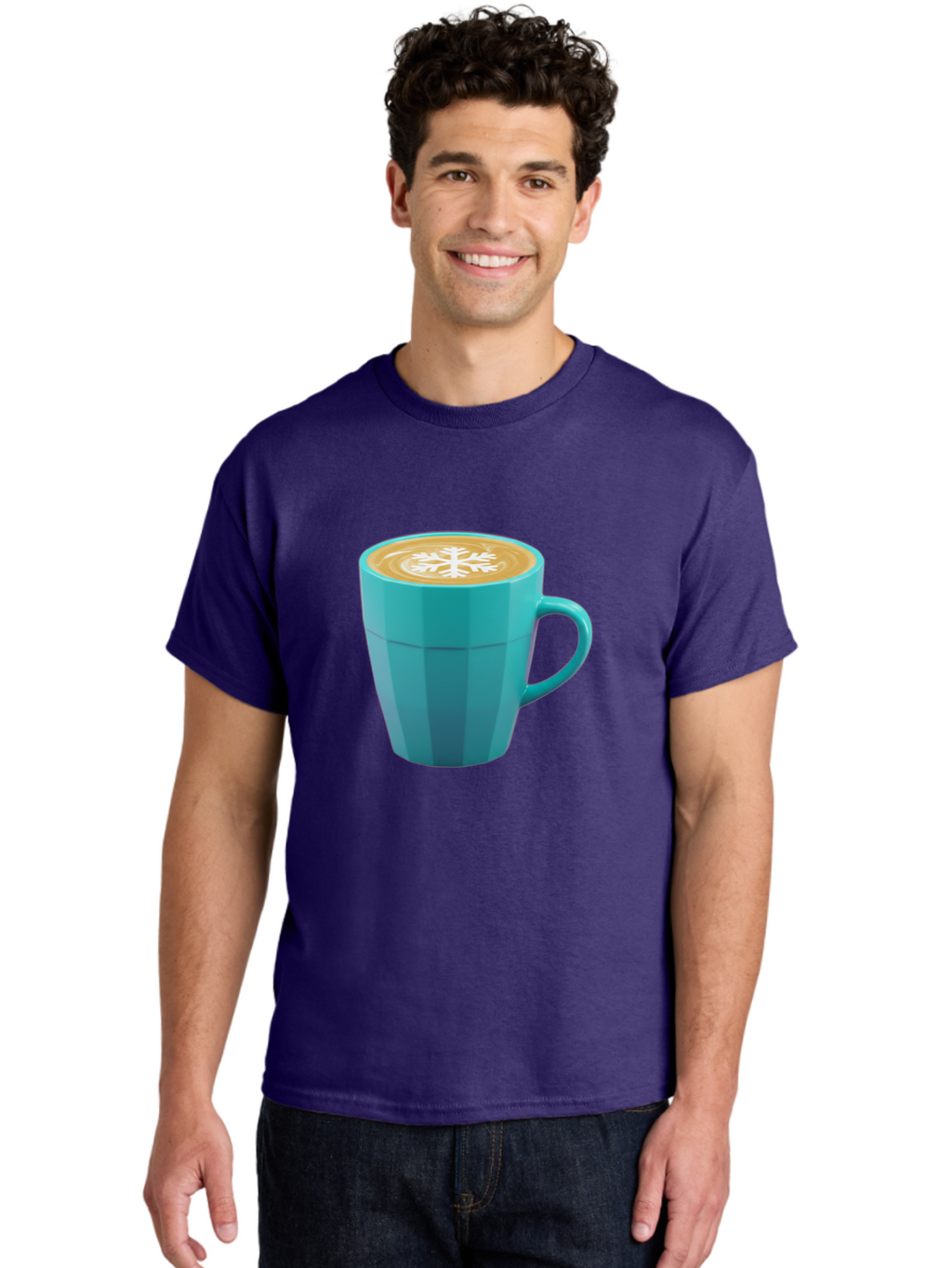Blue-Coffee-Mug Men'S Graphic Tee, 100% Cotton, Comfortable Casual Summer Wear, Machine Washable, Coffee Cup, Blue Mug, Latte Art, Snowflake Design, Coffee Drink, Morning Coffee, Caffeine Boost, Beverage, Coffee Culture, Winter Theme Baa170