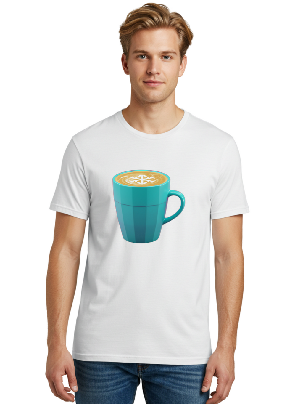Blue-Coffee-Mug Men'S Graphic Tee, 100% Cotton, Comfortable Casual Summer Wear, Machine Washable, Coffee Cup, Blue Mug, Latte Art, Snowflake Design, Coffee Drink, Morning Coffee, Caffeine Boost, Beverage, Coffee Culture, Winter Theme Baa170