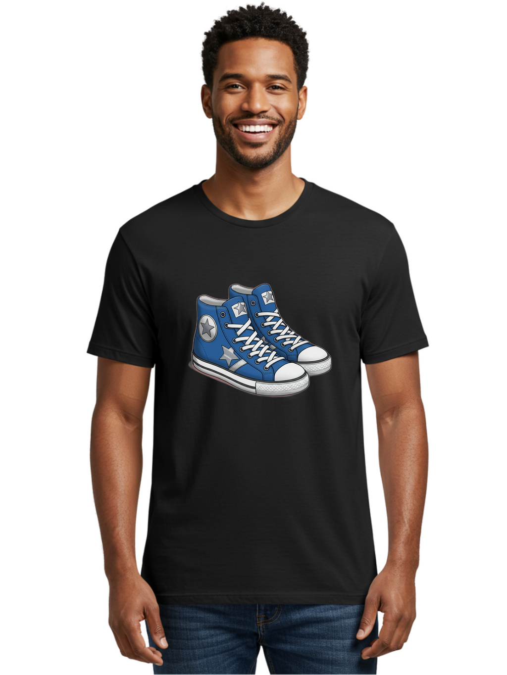 Blue-Converse-Sneakers Men'S Graphic Tee, 100% Cotton, Comfortable Casual Summer Wear, Machine Washable, Blue Sneakers, Star Design, White Laces, Converse Style, Casual Footwear, Sneaker Fashion, Streetwear, Blue Shoes, Star Pattern Baa171