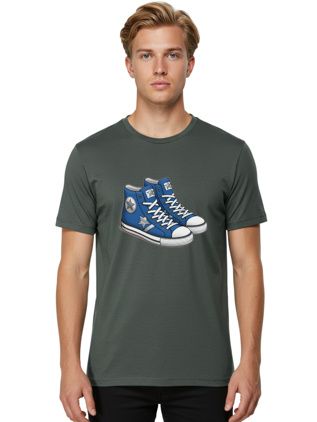 Blue-Converse-Sneakers Men'S Graphic Tee, 100% Cotton, Comfortable Casual Summer Wear, Machine Washable, Blue Sneakers, Star Design, White Laces, Converse Style, Casual Footwear, Sneaker Fashion, Streetwear, Blue Shoes, Star Pattern Baa171