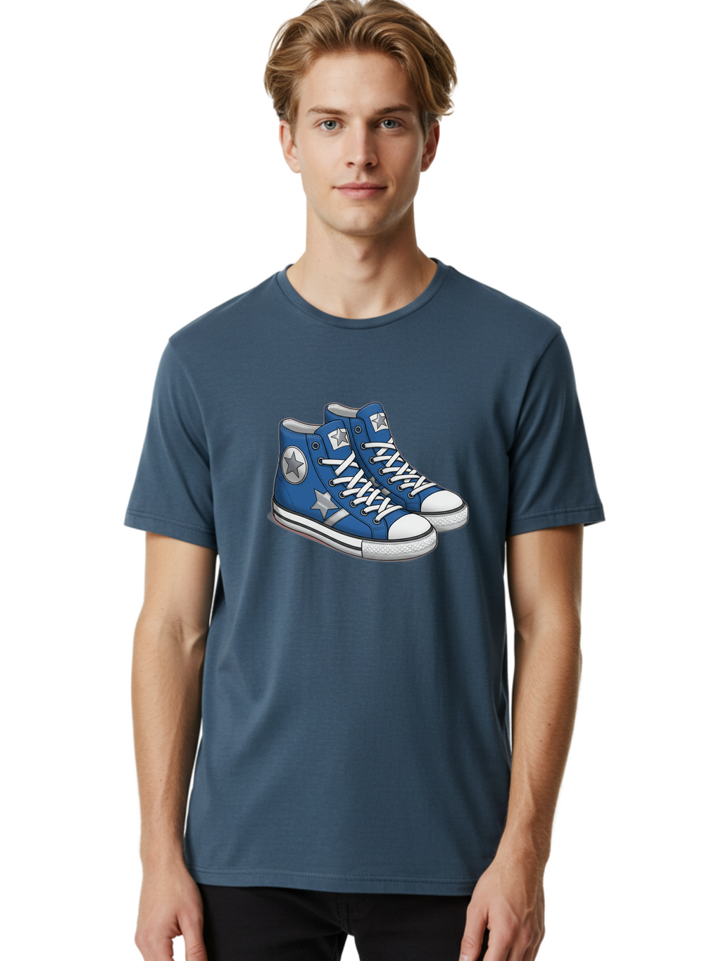 Blue-Converse-Sneakers Men'S Graphic Tee, 100% Cotton, Comfortable Casual Summer Wear, Machine Washable, Blue Sneakers, Star Design, White Laces, Converse Style, Casual Footwear, Sneaker Fashion, Streetwear, Blue Shoes, Star Pattern Baa171