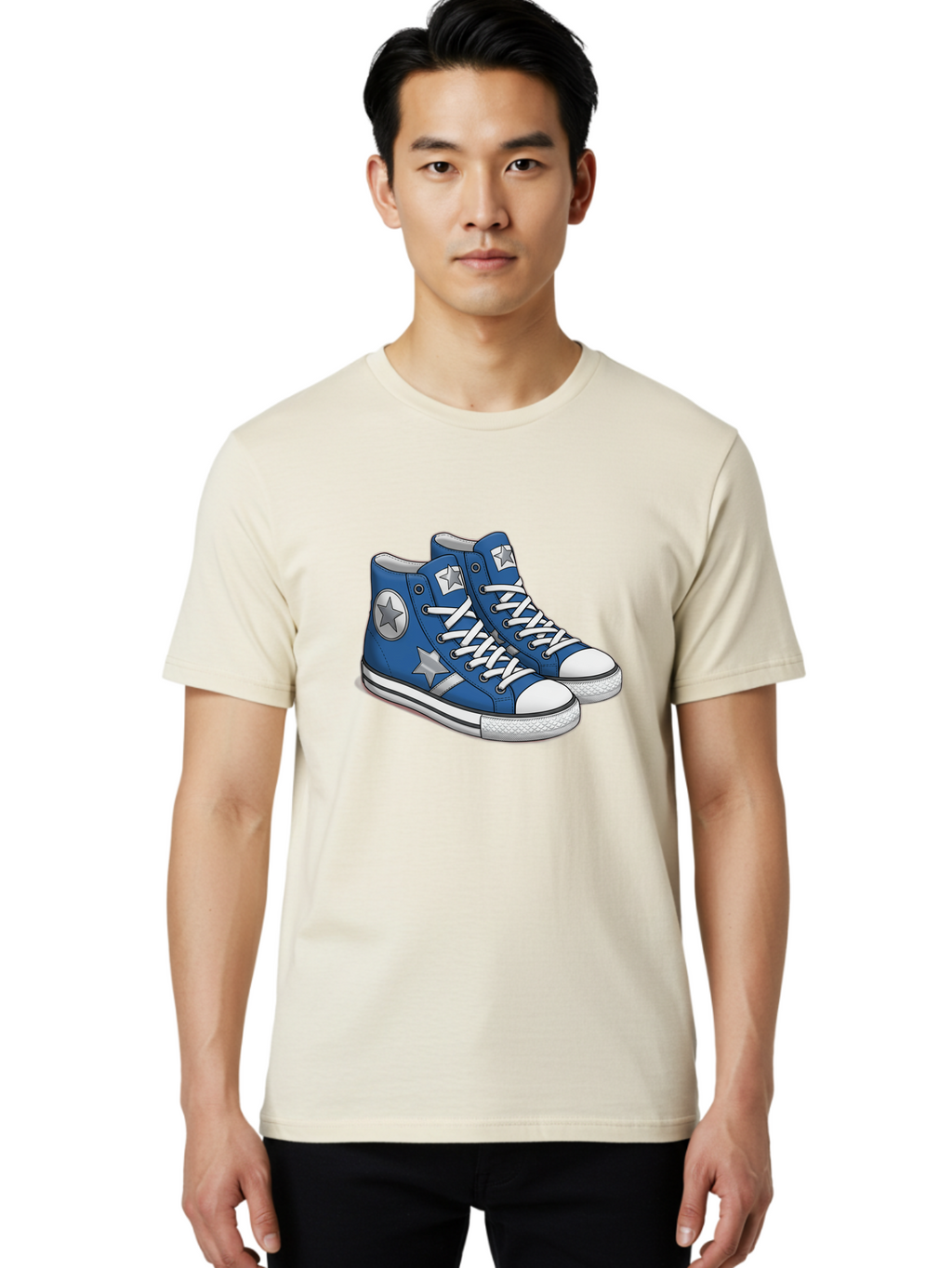 Blue-Converse-Sneakers Men'S Graphic Tee, 100% Cotton, Comfortable Casual Summer Wear, Machine Washable, Blue Sneakers, Star Design, White Laces, Converse Style, Casual Footwear, Sneaker Fashion, Streetwear, Blue Shoes, Star Pattern Baa171