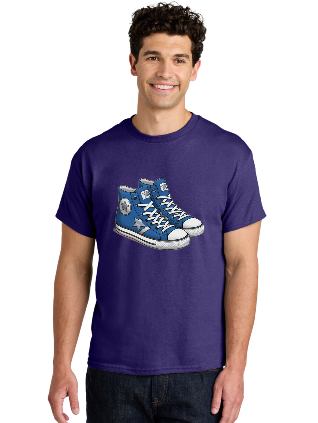 Blue-Converse-Sneakers Men'S Graphic Tee, 100% Cotton, Comfortable Casual Summer Wear, Machine Washable, Blue Sneakers, Star Design, White Laces, Converse Style, Casual Footwear, Sneaker Fashion, Streetwear, Blue Shoes, Star Pattern Baa171