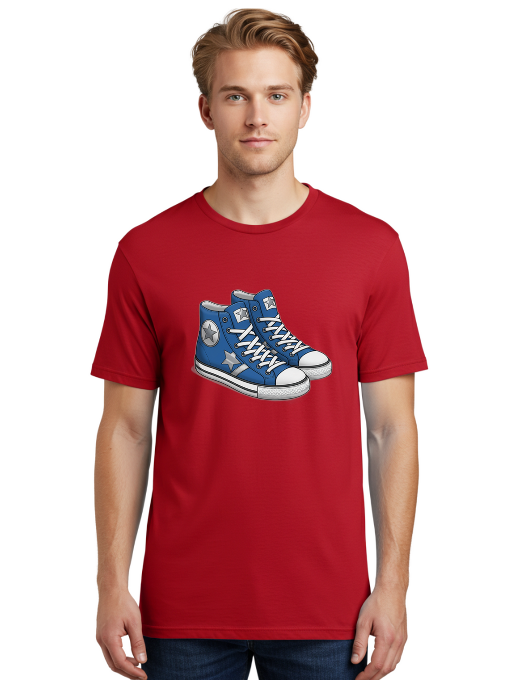 Blue-Converse-Sneakers Men'S Graphic Tee, 100% Cotton, Comfortable Casual Summer Wear, Machine Washable, Blue Sneakers, Star Design, White Laces, Converse Style, Casual Footwear, Sneaker Fashion, Streetwear, Blue Shoes, Star Pattern Baa171