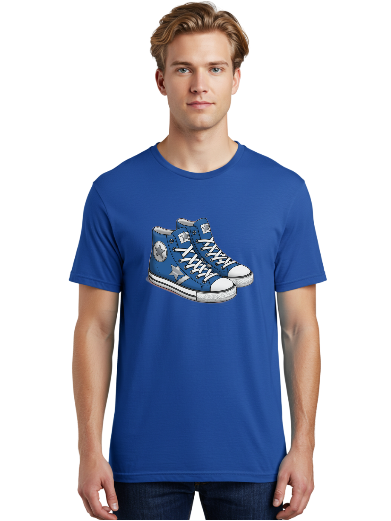 Blue-Converse-Sneakers Men'S Graphic Tee, 100% Cotton, Comfortable Casual Summer Wear, Machine Washable, Blue Sneakers, Star Design, White Laces, Converse Style, Casual Footwear, Sneaker Fashion, Streetwear, Blue Shoes, Star Pattern Baa171