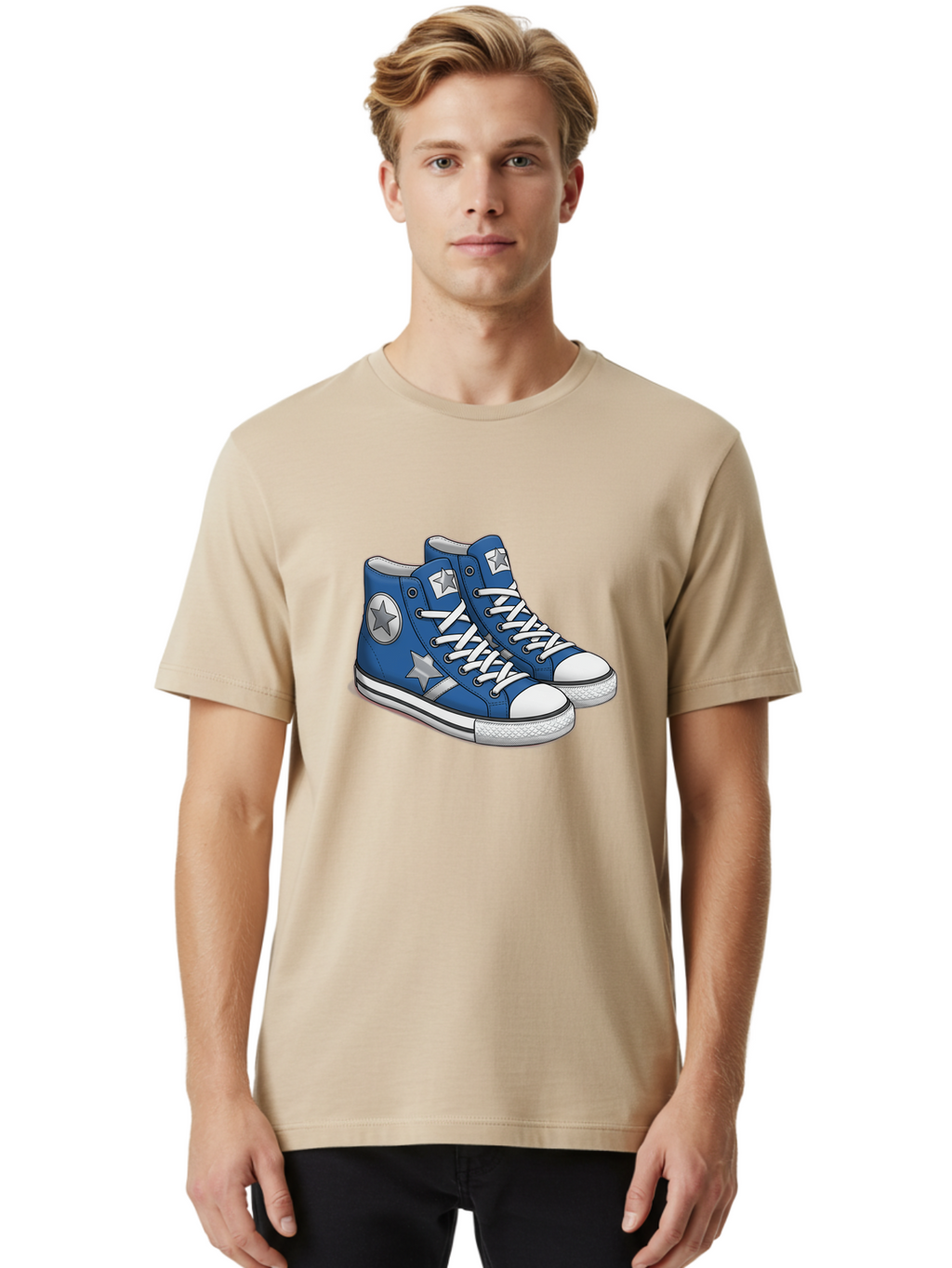 Blue-Converse-Sneakers Men'S Graphic Tee, 100% Cotton, Comfortable Casual Summer Wear, Machine Washable, Blue Sneakers, Star Design, White Laces, Converse Style, Casual Footwear, Sneaker Fashion, Streetwear, Blue Shoes, Star Pattern Baa171