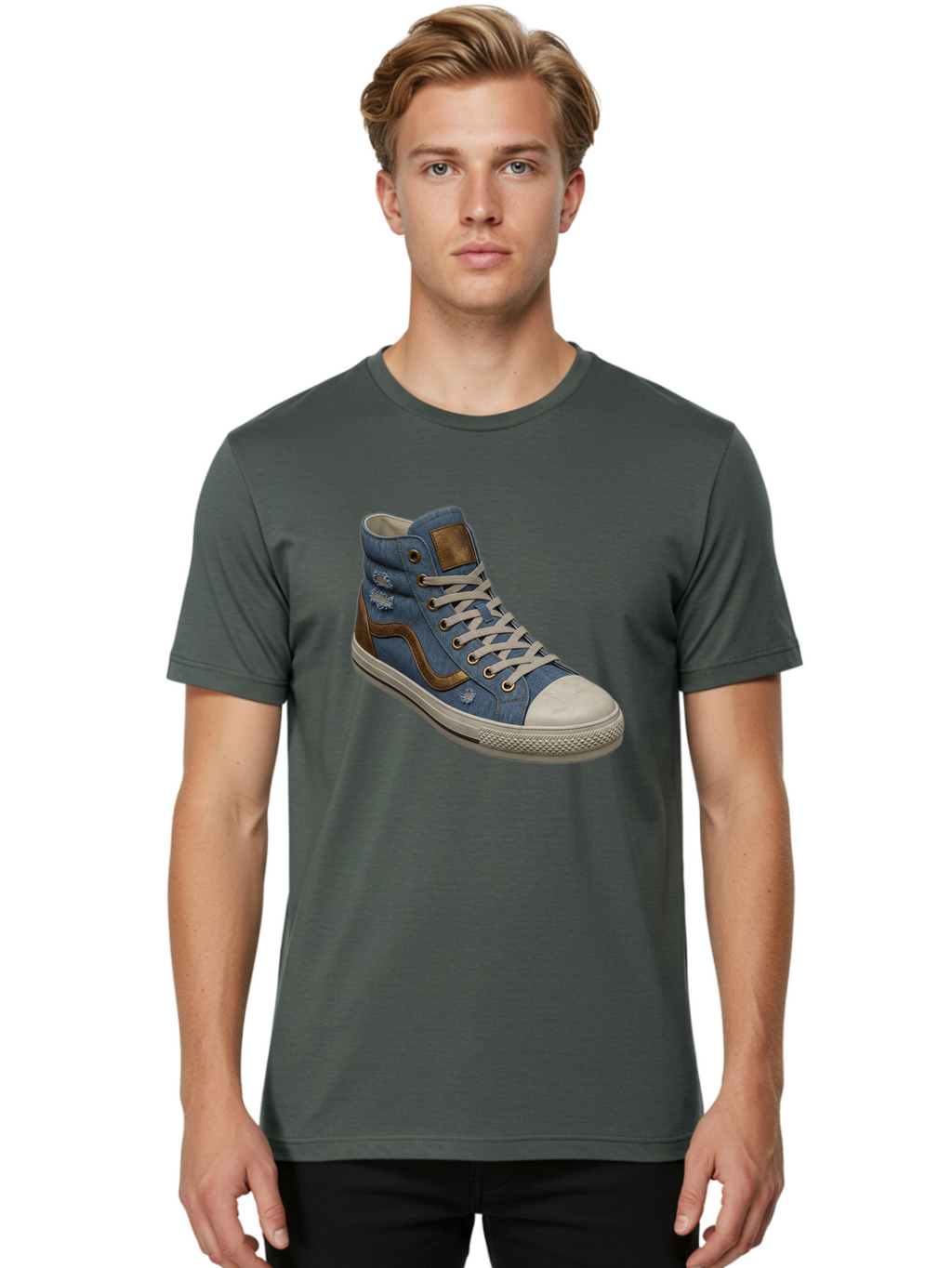 Blue-Denim-High-Top-Sneaker Men'S Graphic Tee, 100% Cotton, Comfortable Casual Summer Wear, Machine Washable, High-Top Denim Sneakers, Blue Denim, Fashionable Sneakers, Casual Footwear, White Laces, Brown Accents, Distressed Design, Baa172