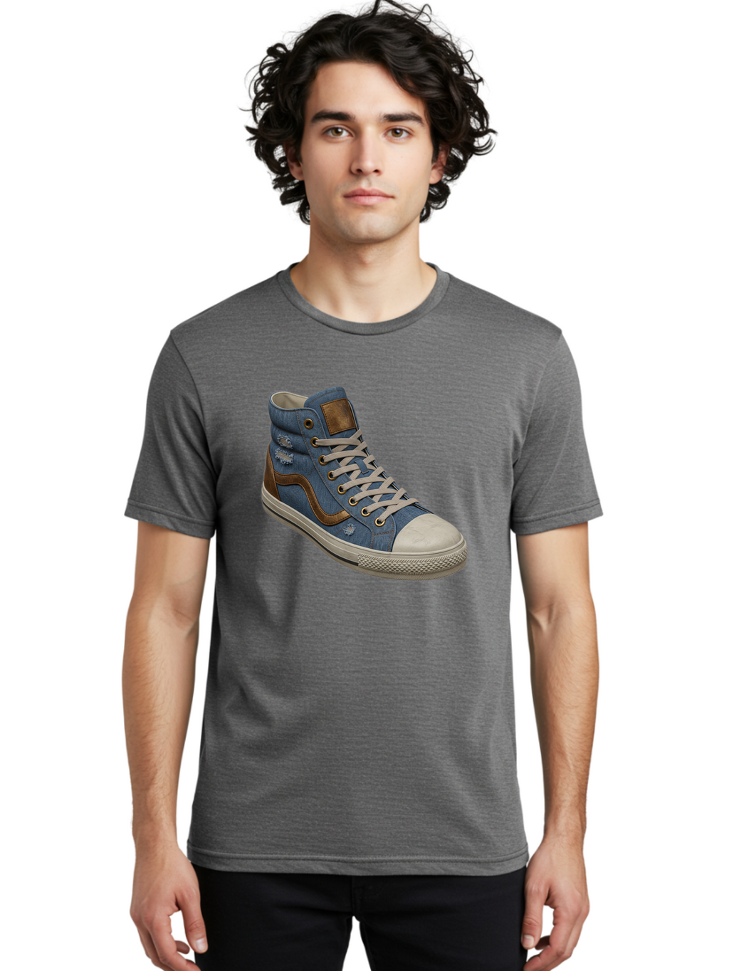 Blue-Denim-High-Top-Sneaker Men'S Graphic Tee, 100% Cotton, Comfortable Casual Summer Wear, Machine Washable, High-Top Denim Sneakers, Blue Denim, Fashionable Sneakers, Casual Footwear, White Laces, Brown Accents, Distressed Design, Baa172