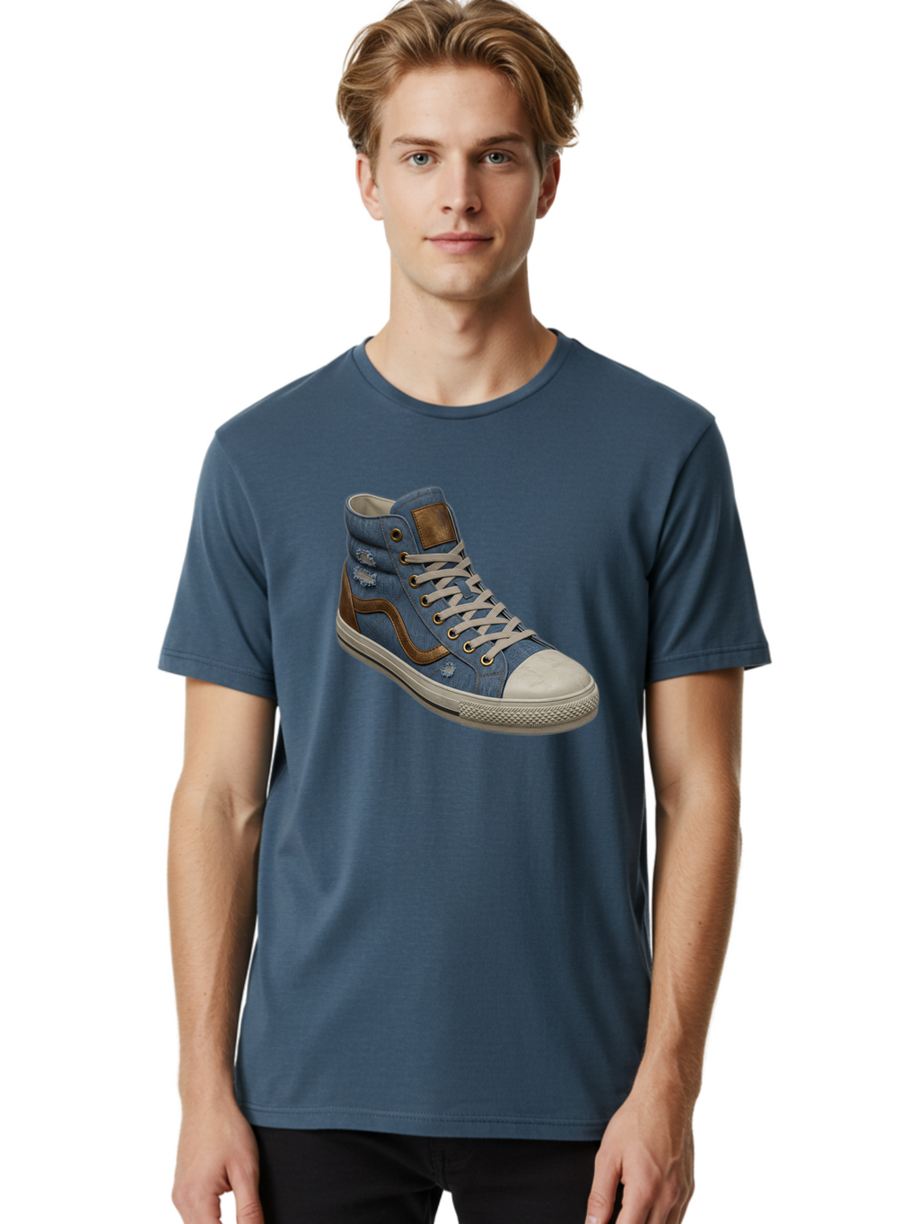 Blue-Denim-High-Top-Sneaker Men'S Graphic Tee, 100% Cotton, Comfortable Casual Summer Wear, Machine Washable, High-Top Denim Sneakers, Blue Denim, Fashionable Sneakers, Casual Footwear, White Laces, Brown Accents, Distressed Design, Baa172