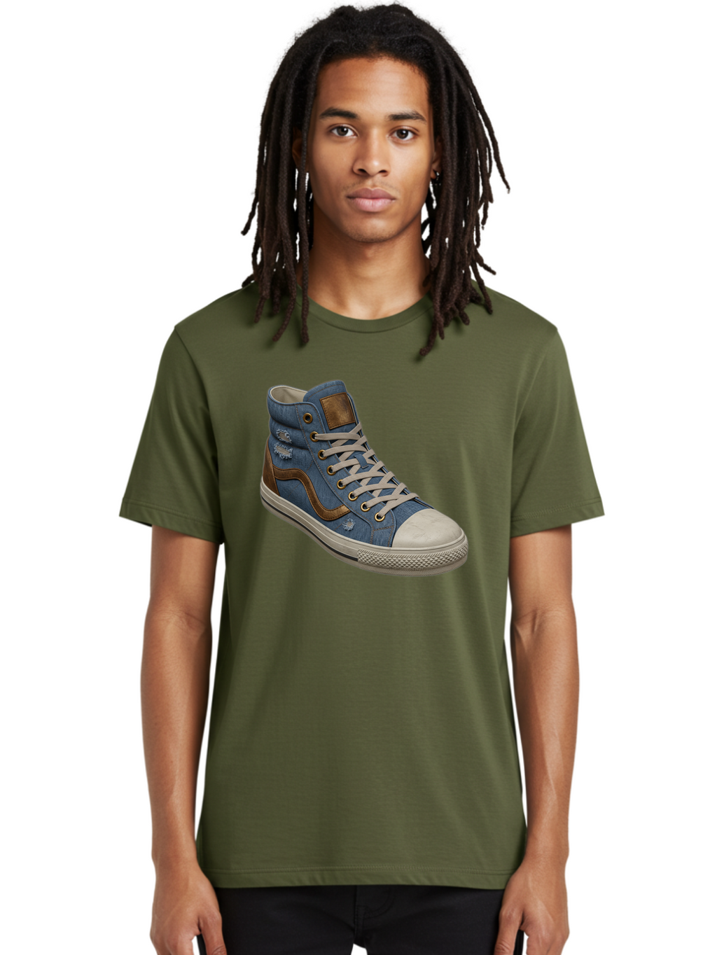 Blue-Denim-High-Top-Sneaker Men'S Graphic Tee, 100% Cotton, Comfortable Casual Summer Wear, Machine Washable, High-Top Denim Sneakers, Blue Denim, Fashionable Sneakers, Casual Footwear, White Laces, Brown Accents, Distressed Design, Baa172
