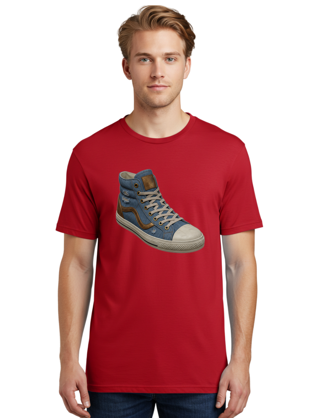Blue-Denim-High-Top-Sneaker Men'S Graphic Tee, 100% Cotton, Comfortable Casual Summer Wear, Machine Washable, High-Top Denim Sneakers, Blue Denim, Fashionable Sneakers, Casual Footwear, White Laces, Brown Accents, Distressed Design, Baa172