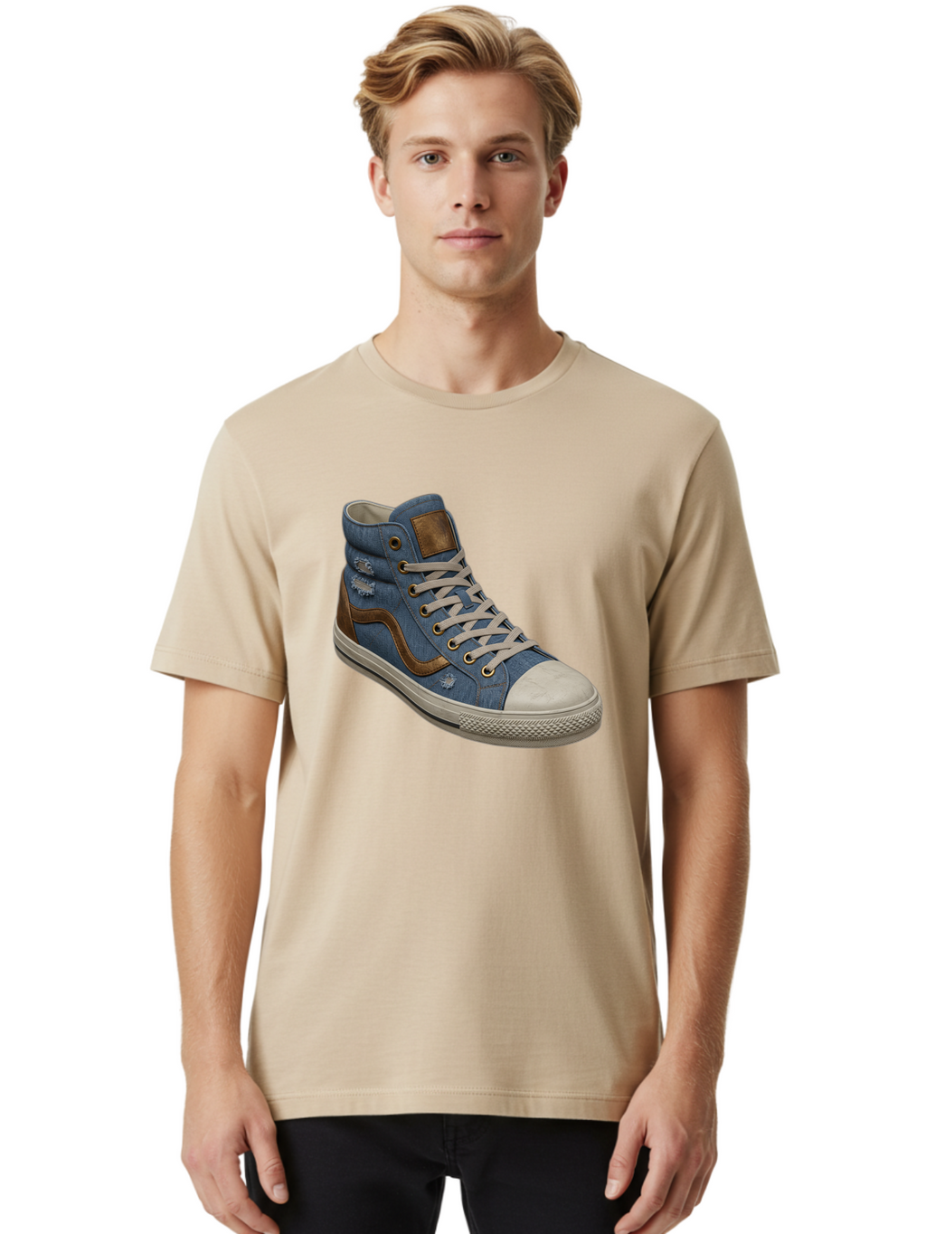 Blue-Denim-High-Top-Sneaker Men'S Graphic Tee, 100% Cotton, Comfortable Casual Summer Wear, Machine Washable, High-Top Denim Sneakers, Blue Denim, Fashionable Sneakers, Casual Footwear, White Laces, Brown Accents, Distressed Design, Baa172