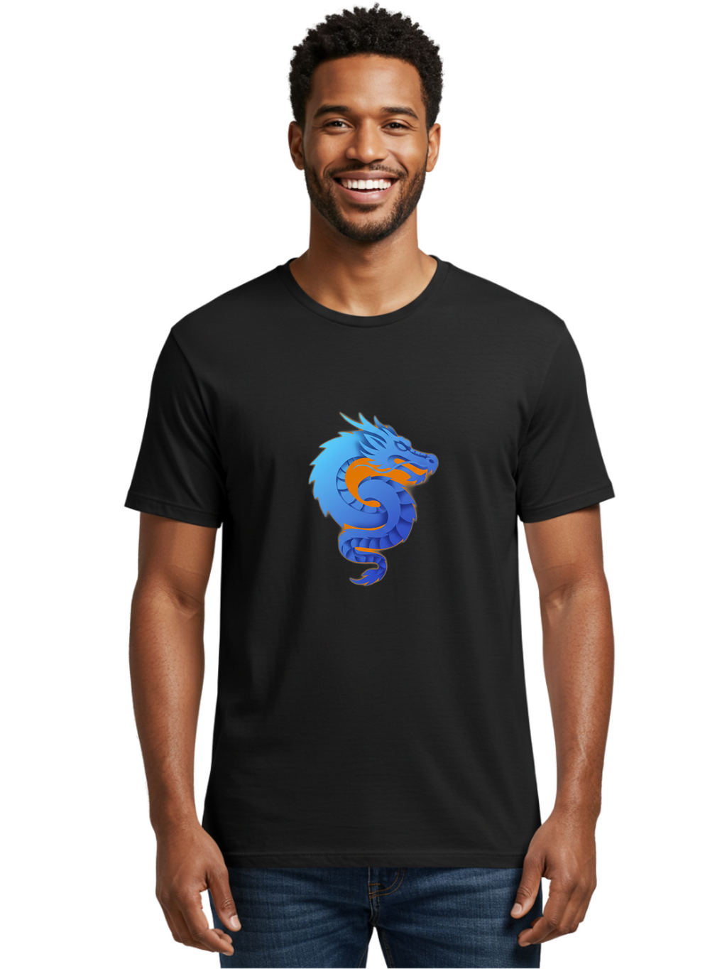 Blue-Dragon Men'S Graphic Tee, 100% Cotton, Comfortable Casual Summer Wear, Machine Washable, Blue Dragon, Orange Flames, Mythical Creature, Fantasy Art, Cartoon Illustration, Digital Graphics, Dragon Design, Logo Concept Baa173