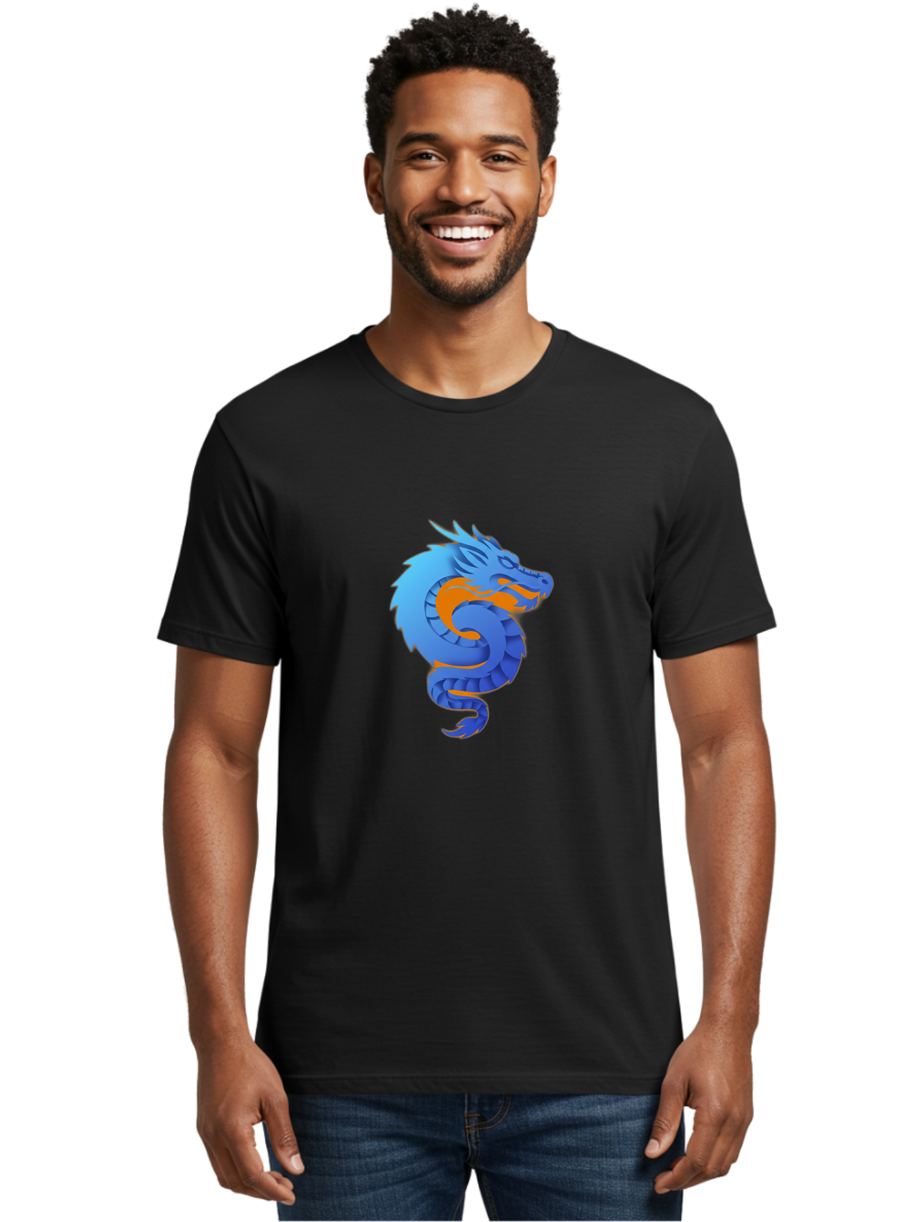 Blue-Dragon Men'S Graphic Tee, 100% Cotton, Comfortable Casual Summer Wear, Machine Washable, Blue Dragon, Orange Flames, Mythical Creature, Fantasy Art, Cartoon Illustration, Digital Graphics, Dragon Design, Logo Concept Baa173