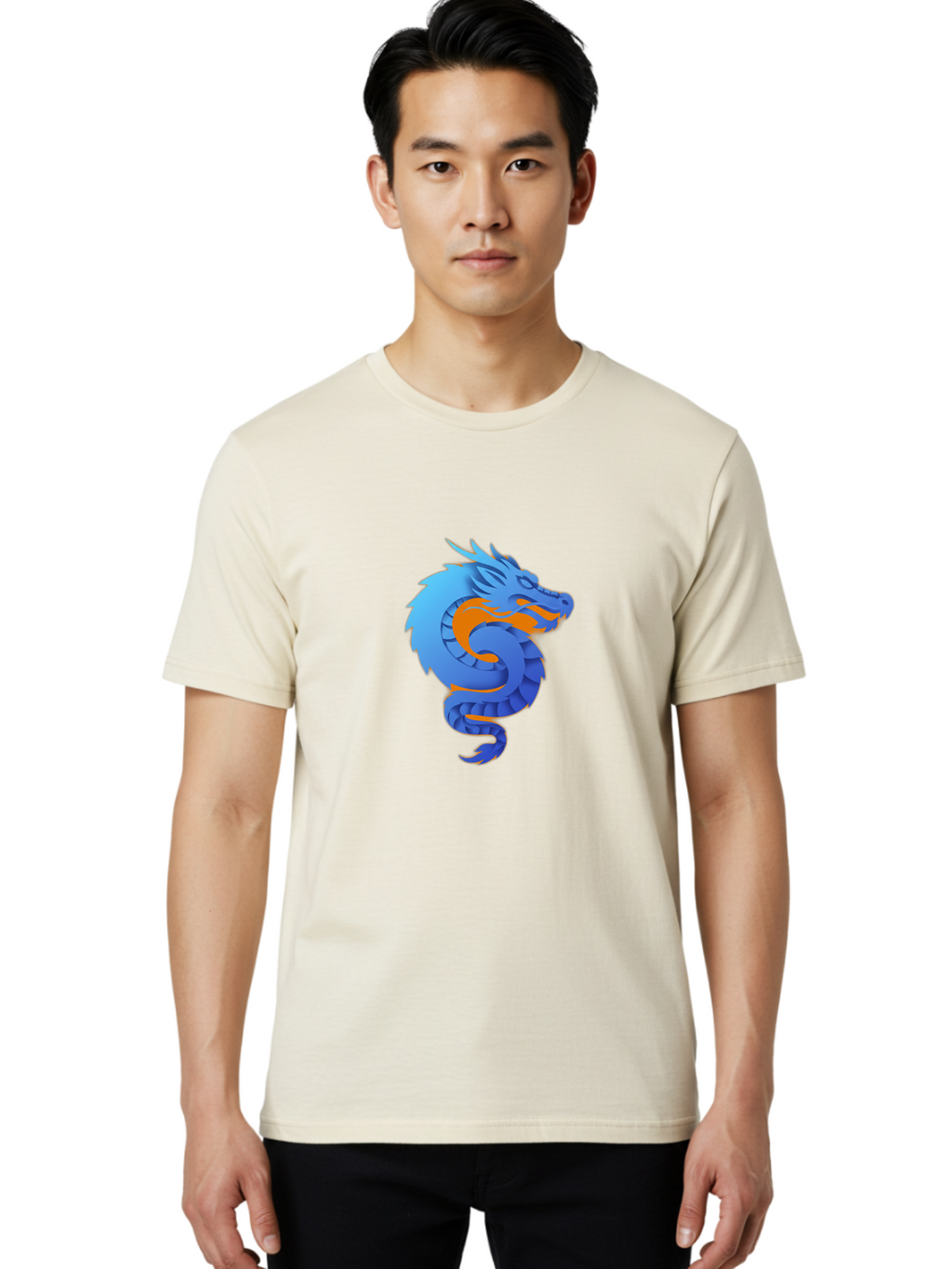 Blue-Dragon Men'S Graphic Tee, 100% Cotton, Comfortable Casual Summer Wear, Machine Washable, Blue Dragon, Orange Flames, Mythical Creature, Fantasy Art, Cartoon Illustration, Digital Graphics, Dragon Design, Logo Concept Baa173