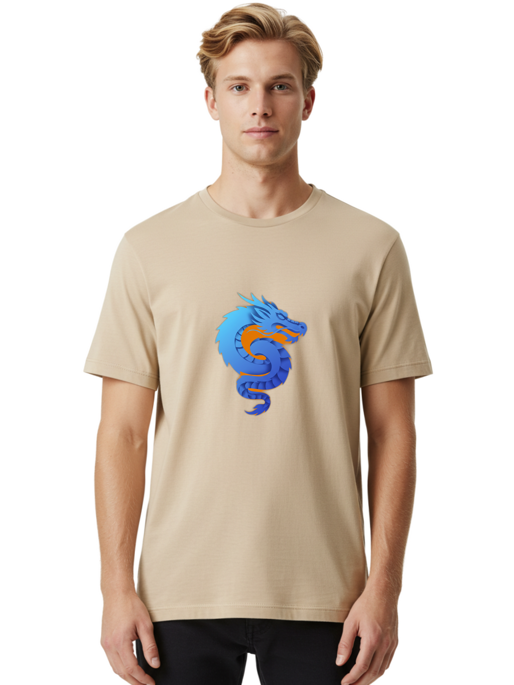 Blue-Dragon Men'S Graphic Tee, 100% Cotton, Comfortable Casual Summer Wear, Machine Washable, Blue Dragon, Orange Flames, Mythical Creature, Fantasy Art, Cartoon Illustration, Digital Graphics, Dragon Design, Logo Concept Baa173