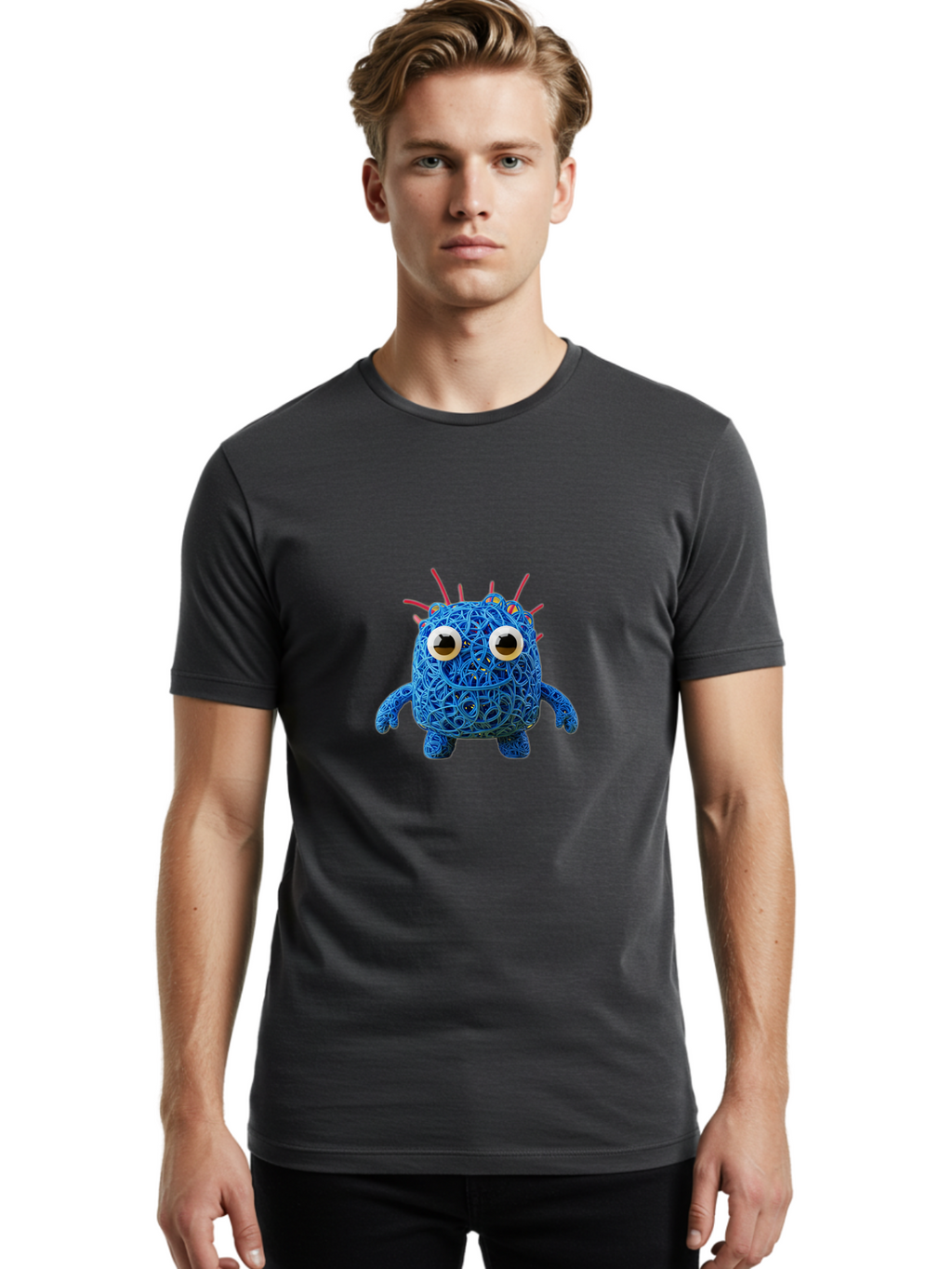 Blue-Germ Men'S Graphic Tee, 100% Cotton, Comfortable Casual Summer Wear, Machine Washable, Blue Virus Character, Cartoon Virus, Quirky Design, Oversized Eyes, Comical Creature, Abstract Virus Representation, Funny Art, Playful Germ Baa174