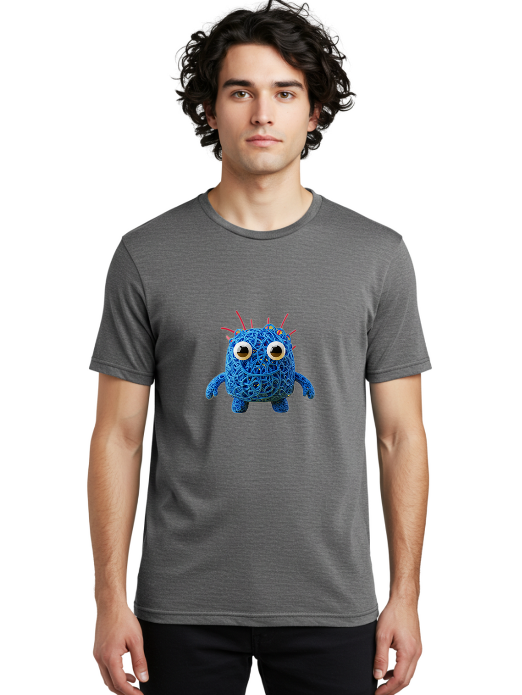 Blue-Germ Men'S Graphic Tee, 100% Cotton, Comfortable Casual Summer Wear, Machine Washable, Blue Virus Character, Cartoon Virus, Quirky Design, Oversized Eyes, Comical Creature, Abstract Virus Representation, Funny Art, Playful Germ Baa174