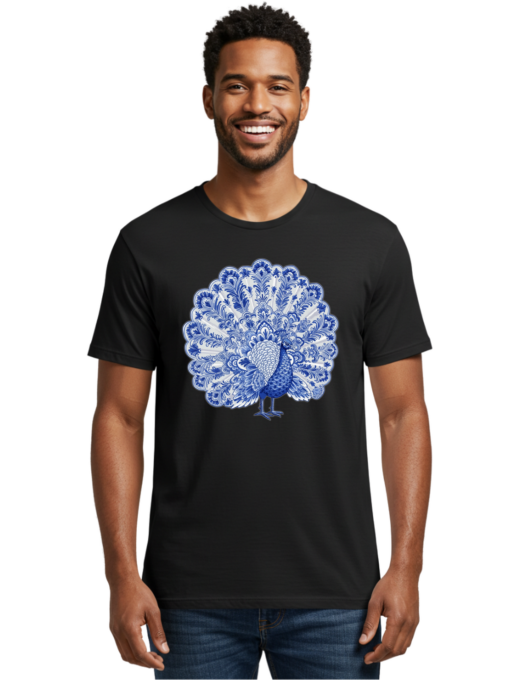 Blue-Peacock Men'S Graphic Tee, 100% Cotton, Comfortable Casual Summer Wear, Machine Washable, Peacock Illustration, Blue And White Design, Floral Pattern, Elegant Bird, Ornate Plumage, Luxurious Texture, Vintage Style, Decorative Art, Baa176