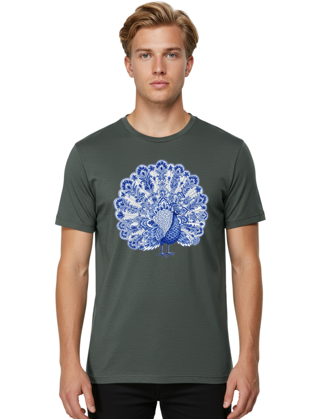 Blue-Peacock Men'S Graphic Tee, 100% Cotton, Comfortable Casual Summer Wear, Machine Washable, Peacock Illustration, Blue And White Design, Floral Pattern, Elegant Bird, Ornate Plumage, Luxurious Texture, Vintage Style, Decorative Art, Baa176