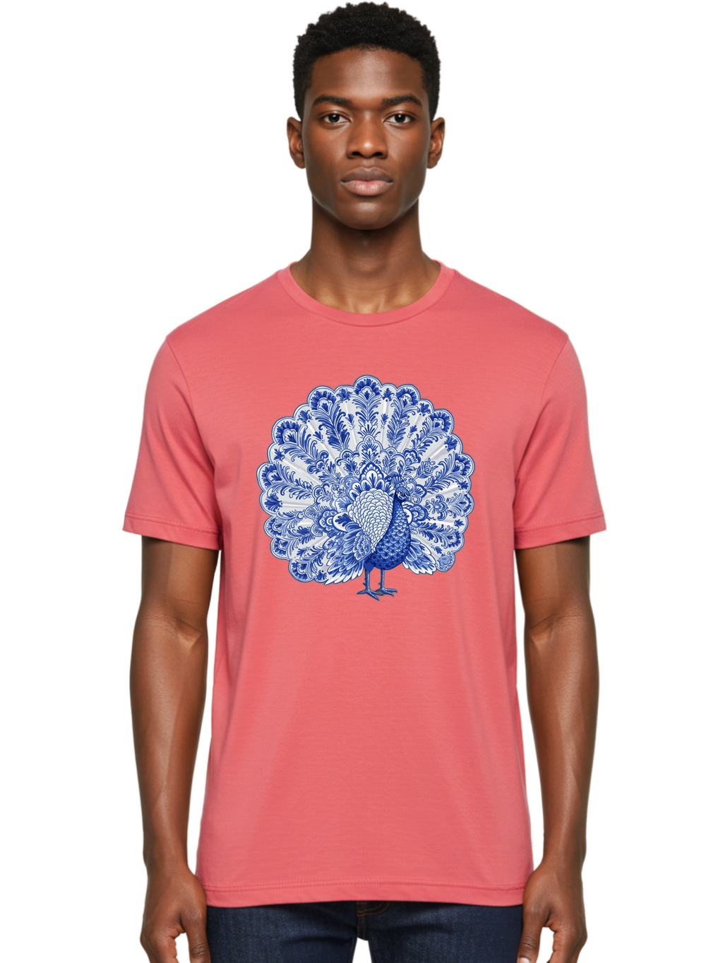 Blue-Peacock Men'S Graphic Tee, 100% Cotton, Comfortable Casual Summer Wear, Machine Washable, Peacock Illustration, Blue And White Design, Floral Pattern, Elegant Bird, Ornate Plumage, Luxurious Texture, Vintage Style, Decorative Art, Baa176