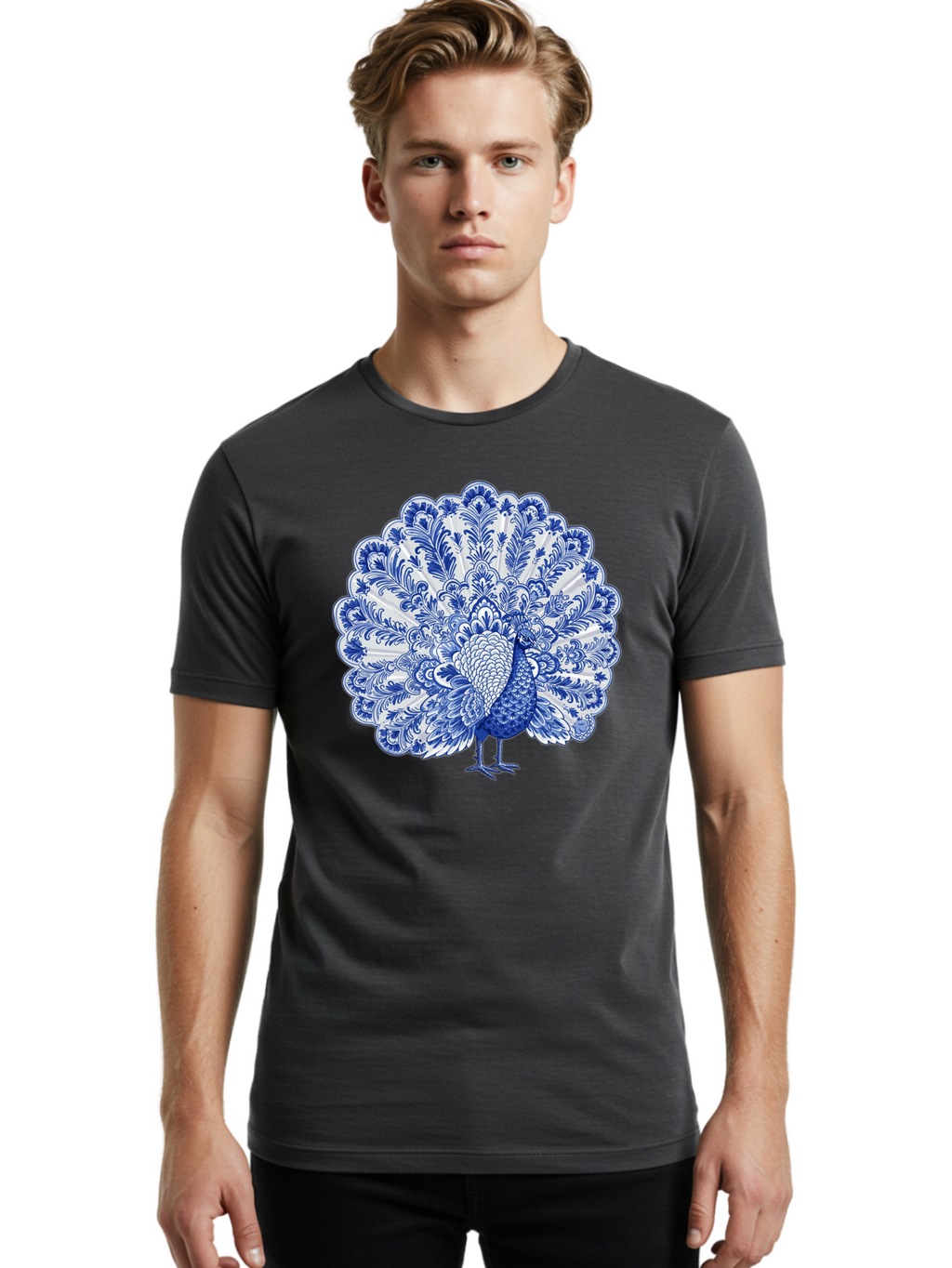Blue-Peacock Men'S Graphic Tee, 100% Cotton, Comfortable Casual Summer Wear, Machine Washable, Peacock Illustration, Blue And White Design, Floral Pattern, Elegant Bird, Ornate Plumage, Luxurious Texture, Vintage Style, Decorative Art, Baa176