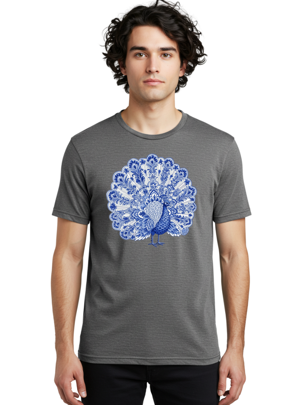 Blue-Peacock Men'S Graphic Tee, 100% Cotton, Comfortable Casual Summer Wear, Machine Washable, Peacock Illustration, Blue And White Design, Floral Pattern, Elegant Bird, Ornate Plumage, Luxurious Texture, Vintage Style, Decorative Art, Baa176