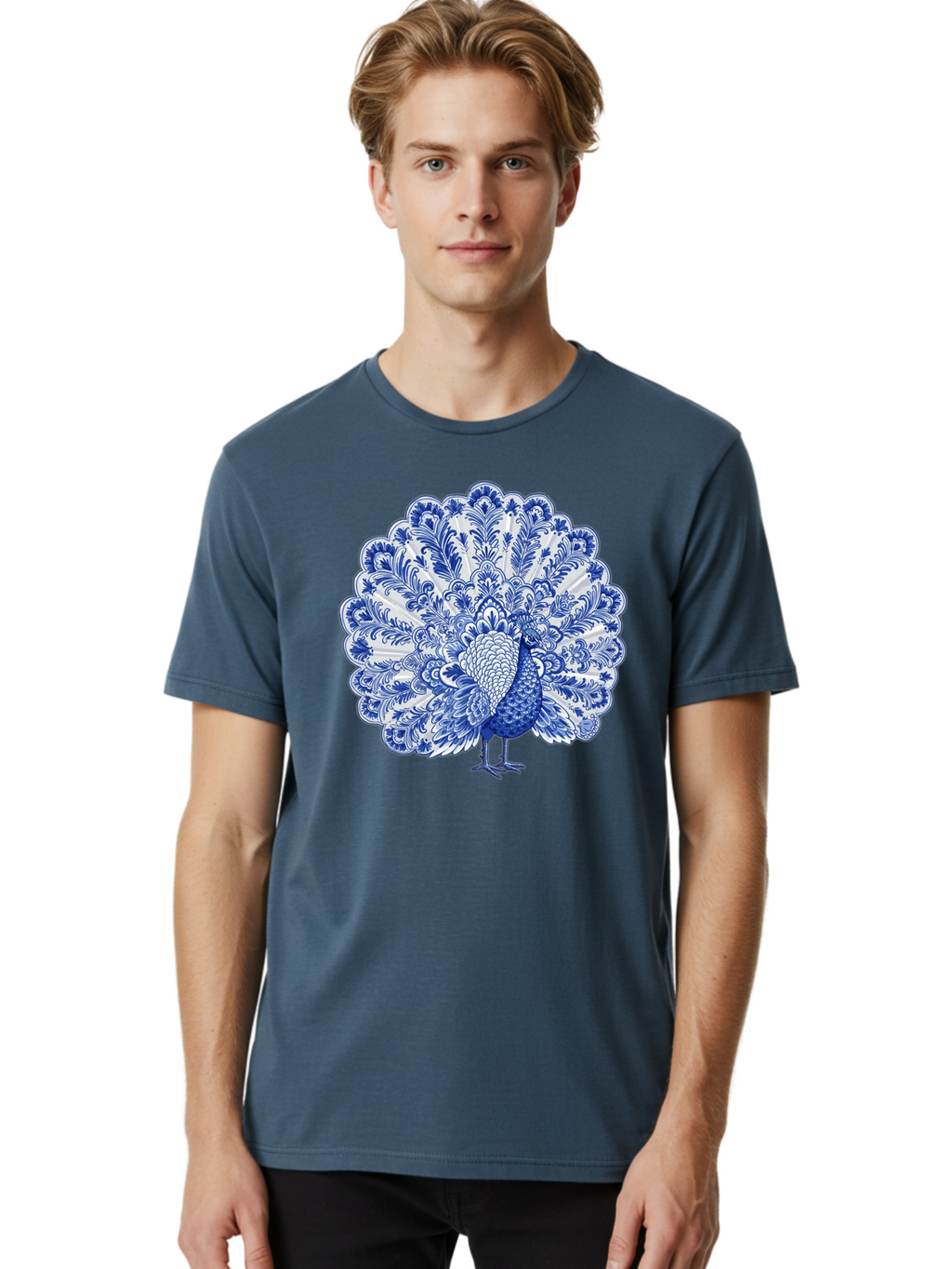 Blue-Peacock Men'S Graphic Tee, 100% Cotton, Comfortable Casual Summer Wear, Machine Washable, Peacock Illustration, Blue And White Design, Floral Pattern, Elegant Bird, Ornate Plumage, Luxurious Texture, Vintage Style, Decorative Art, Baa176