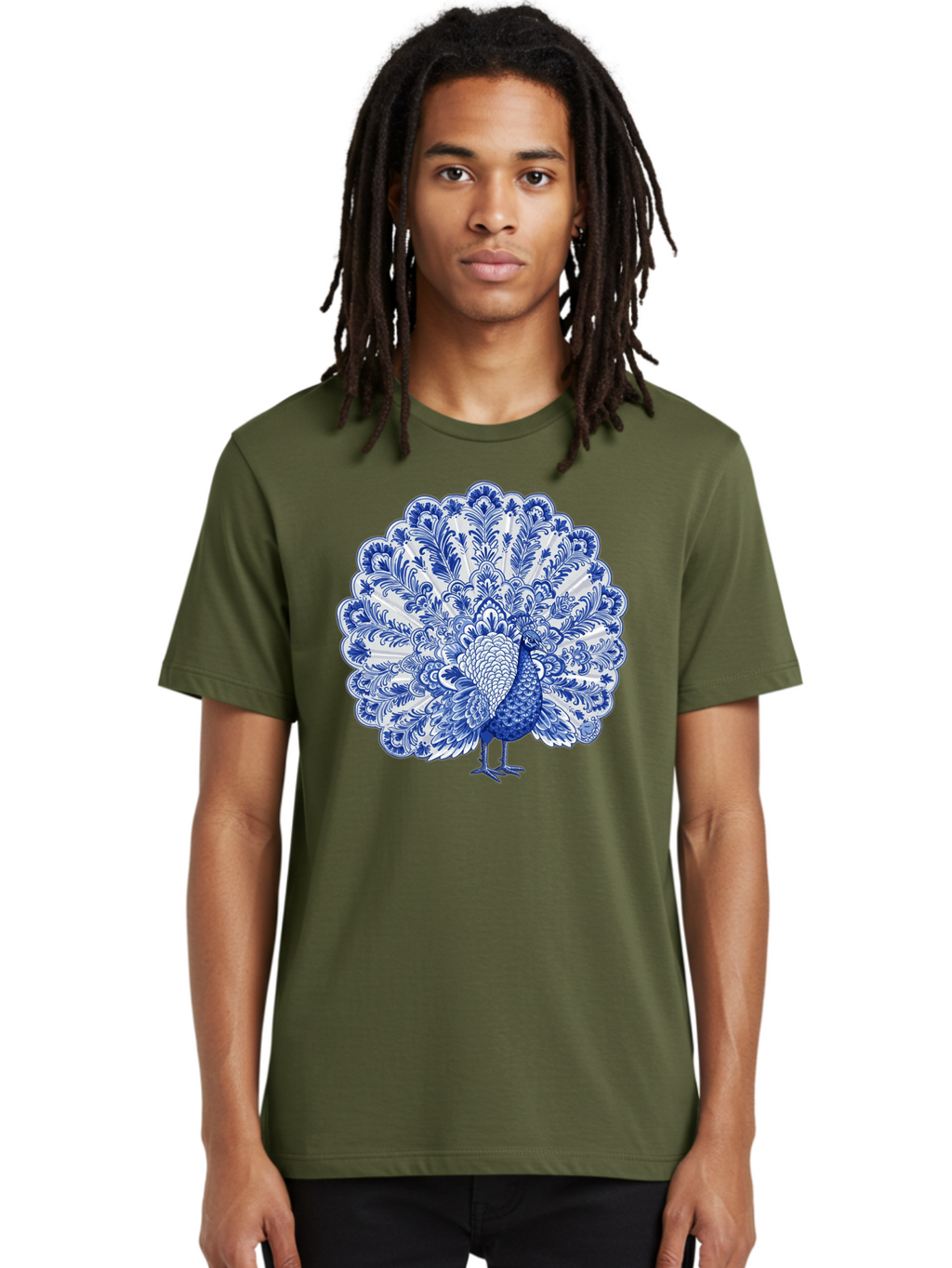 Blue-Peacock Men'S Graphic Tee, 100% Cotton, Comfortable Casual Summer Wear, Machine Washable, Peacock Illustration, Blue And White Design, Floral Pattern, Elegant Bird, Ornate Plumage, Luxurious Texture, Vintage Style, Decorative Art, Baa176