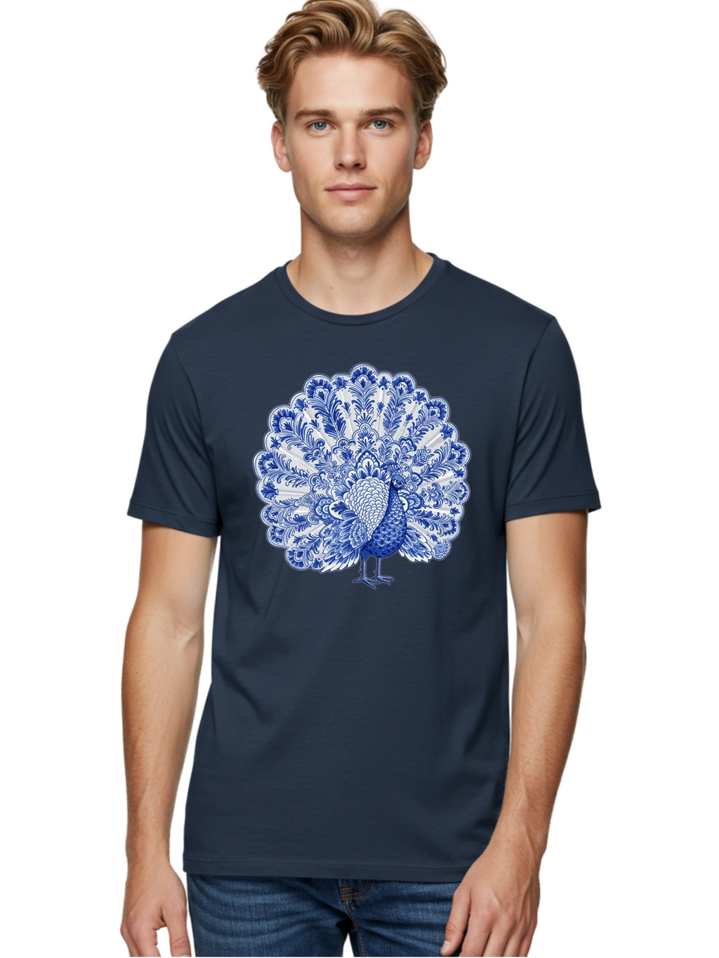 Blue-Peacock Men'S Graphic Tee, 100% Cotton, Comfortable Casual Summer Wear, Machine Washable, Peacock Illustration, Blue And White Design, Floral Pattern, Elegant Bird, Ornate Plumage, Luxurious Texture, Vintage Style, Decorative Art, Baa176