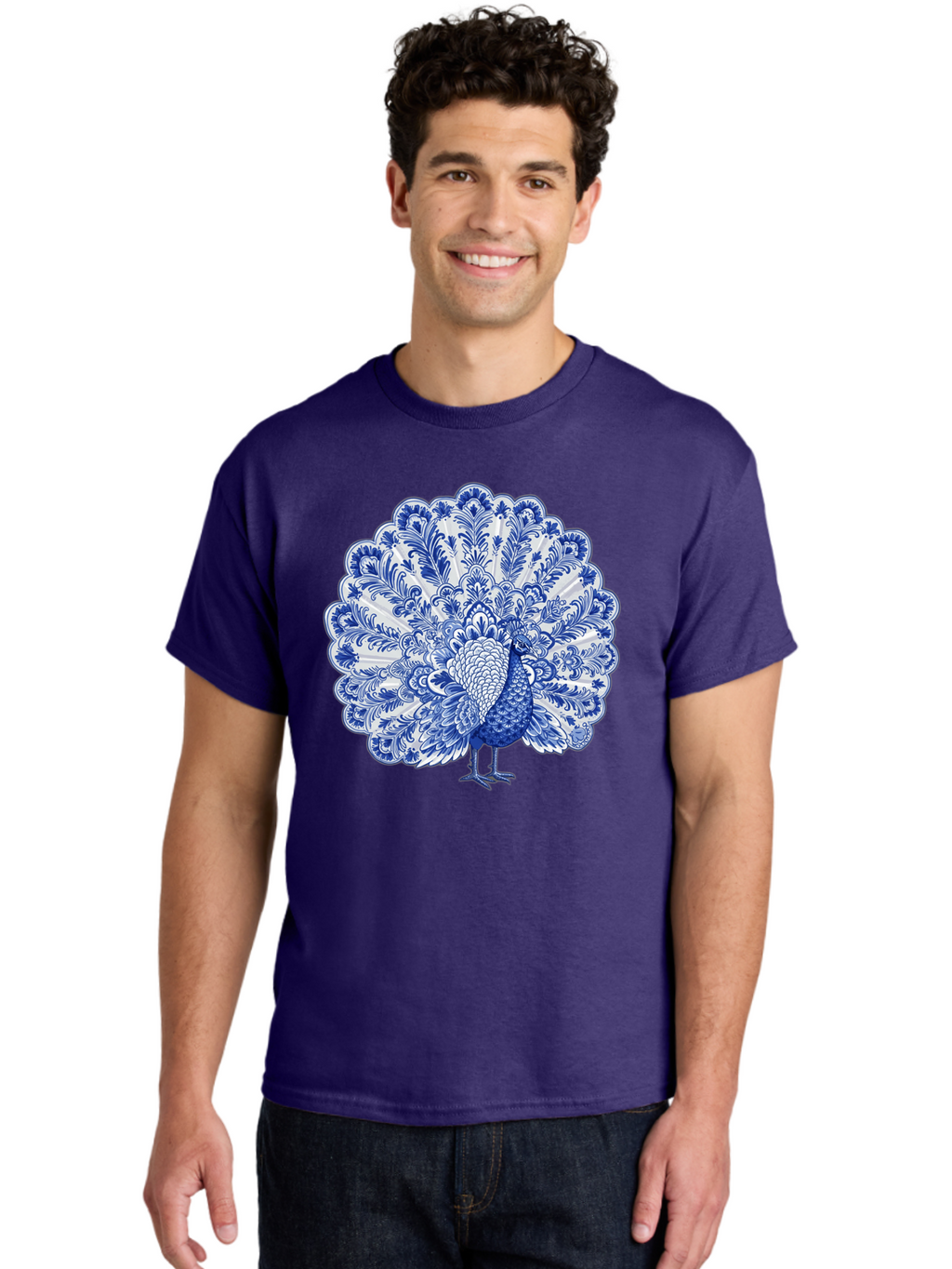 Blue-Peacock Men'S Graphic Tee, 100% Cotton, Comfortable Casual Summer Wear, Machine Washable, Peacock Illustration, Blue And White Design, Floral Pattern, Elegant Bird, Ornate Plumage, Luxurious Texture, Vintage Style, Decorative Art, Baa176