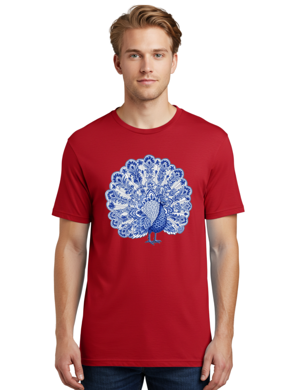 Blue-Peacock Men'S Graphic Tee, 100% Cotton, Comfortable Casual Summer Wear, Machine Washable, Peacock Illustration, Blue And White Design, Floral Pattern, Elegant Bird, Ornate Plumage, Luxurious Texture, Vintage Style, Decorative Art, Baa176