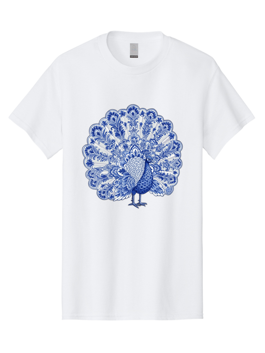 Blue-Peacock Men'S Graphic Tee, 100% Cotton, Comfortable Casual Summer Wear, Machine Washable, Peacock Illustration, Blue And White Design, Floral Pattern, Elegant Bird, Ornate Plumage, Luxurious Texture, Vintage Style, Decorative Art, Baa176