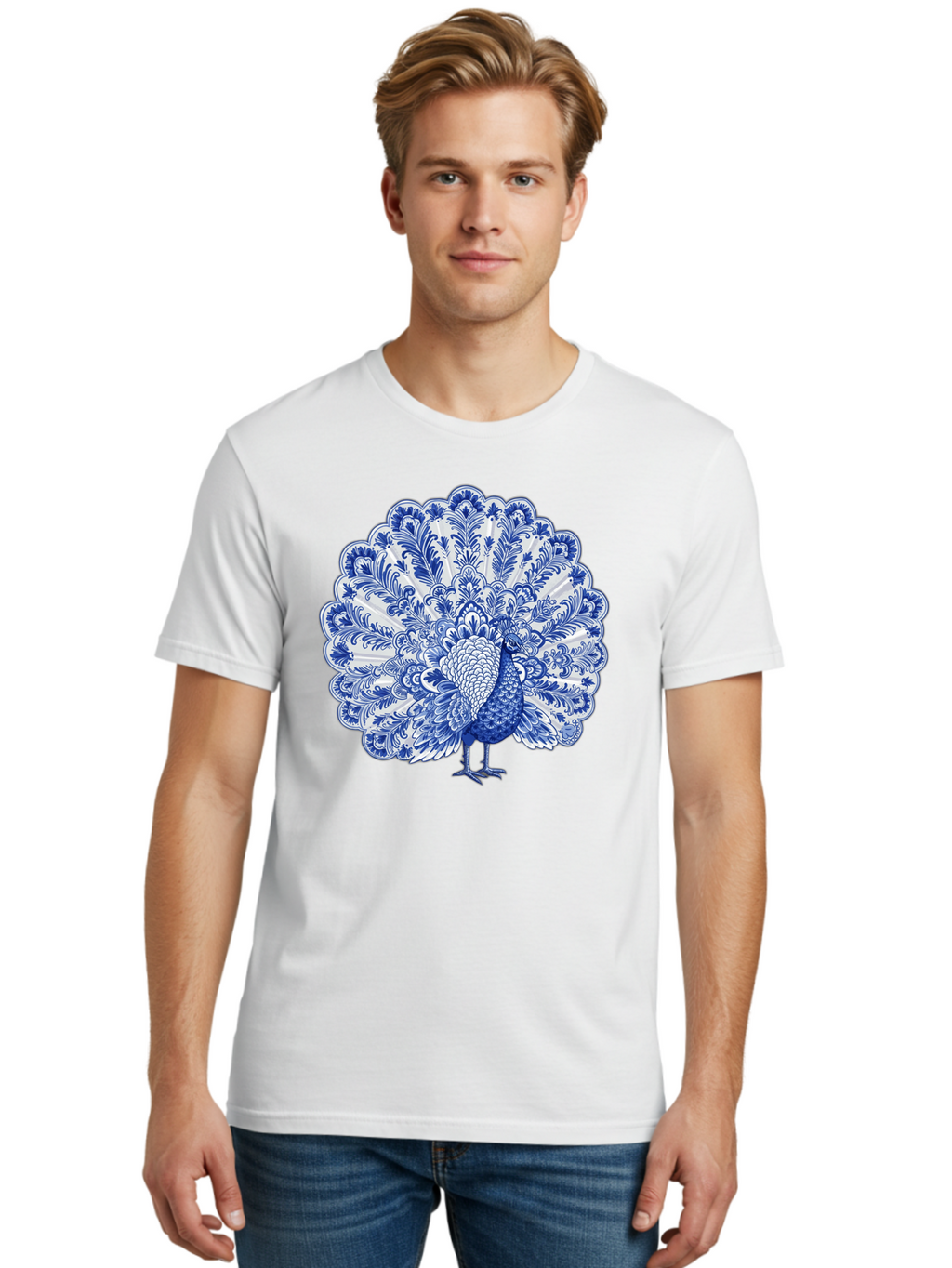 Blue-Peacock Men'S Graphic Tee, 100% Cotton, Comfortable Casual Summer Wear, Machine Washable, Peacock Illustration, Blue And White Design, Floral Pattern, Elegant Bird, Ornate Plumage, Luxurious Texture, Vintage Style, Decorative Art, Baa176