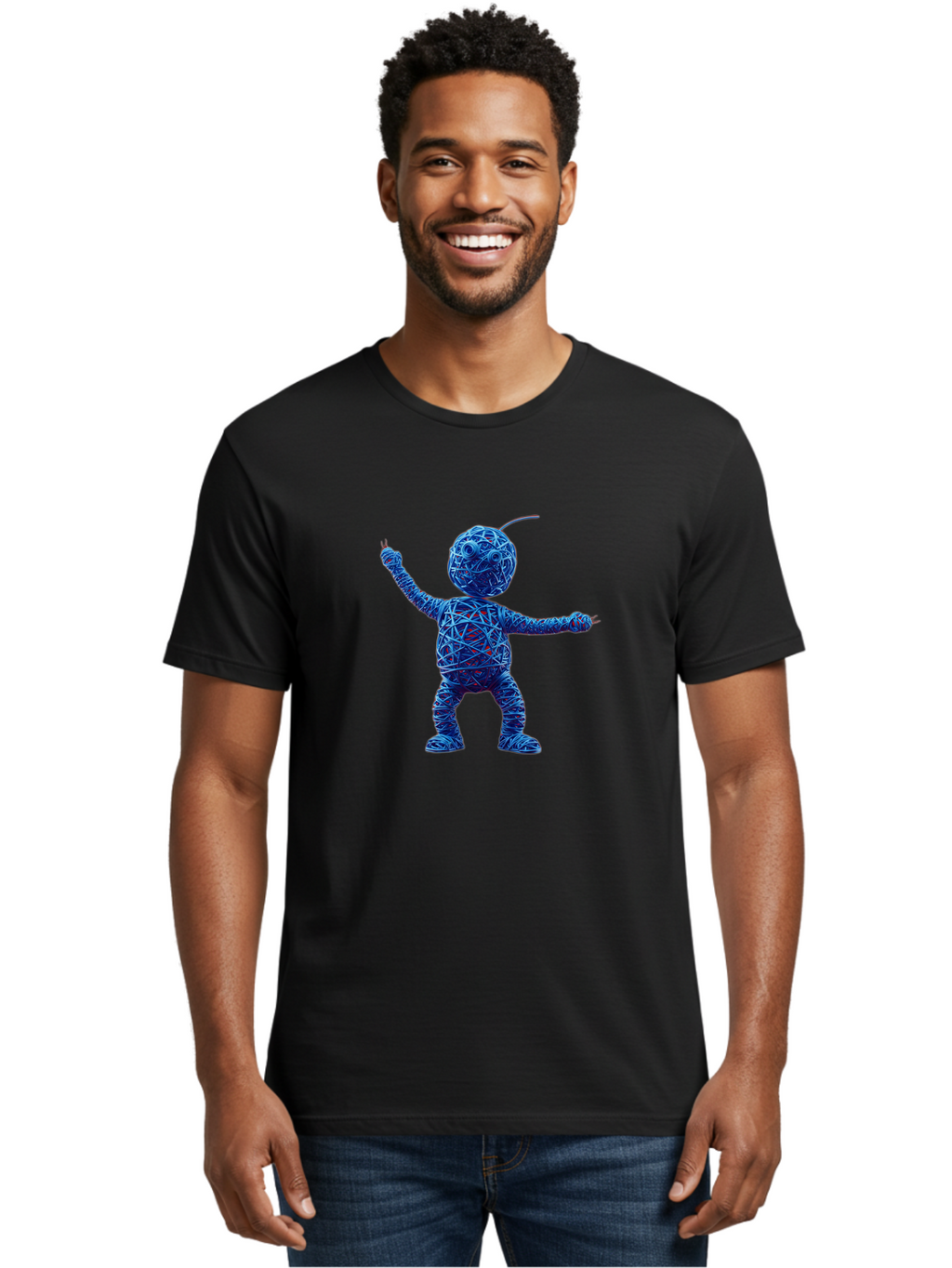 Blue-Wire-Figure Men'S Graphic Tee, 100% Cotton, Comfortable Casual Summer Wear, Machine Washable, Wire Twisted Figure, Abstract Character, Avant-Garde Art, Surreal Sculpture, Contemporary Design, Artistic Expression, Modern Art, Blue Wire, Baa177